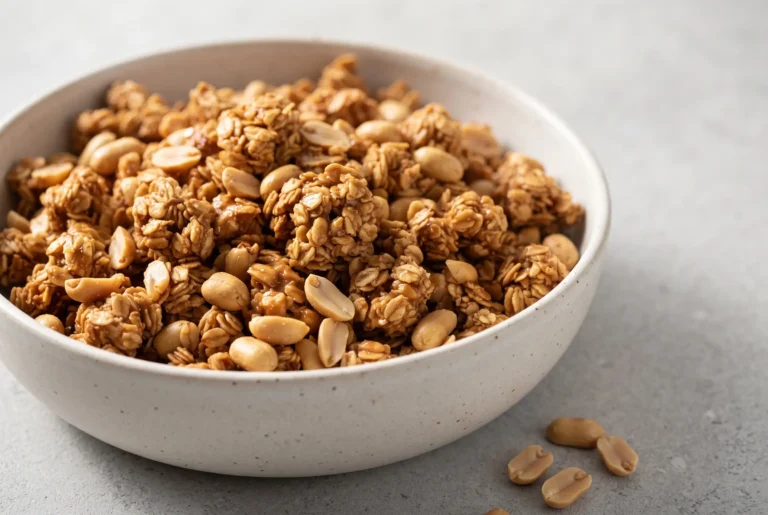 Peanut butter granola with large oat clusters and roasted peanuts in a ceramic bowl