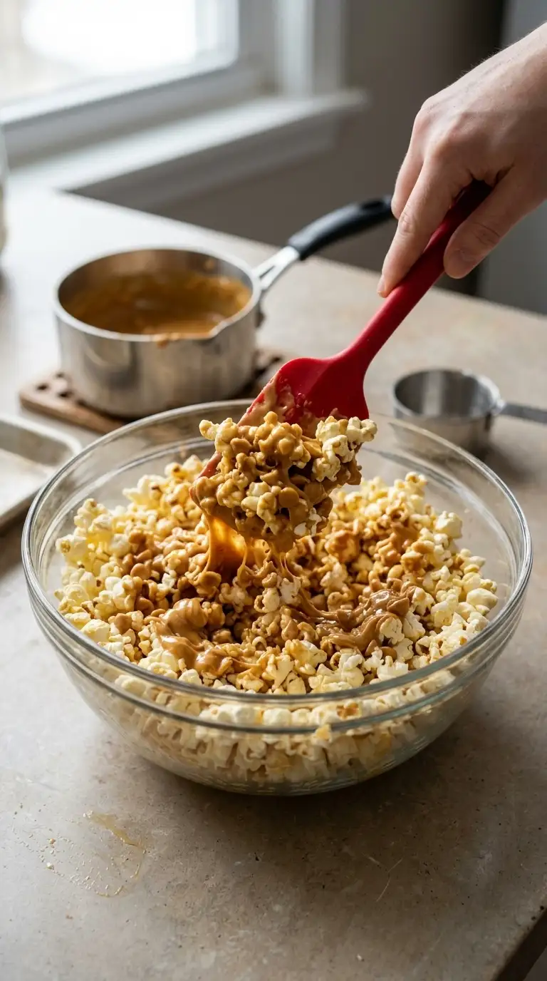 Peanut butter popcorn mixture being stirred with melted peanut butter coating