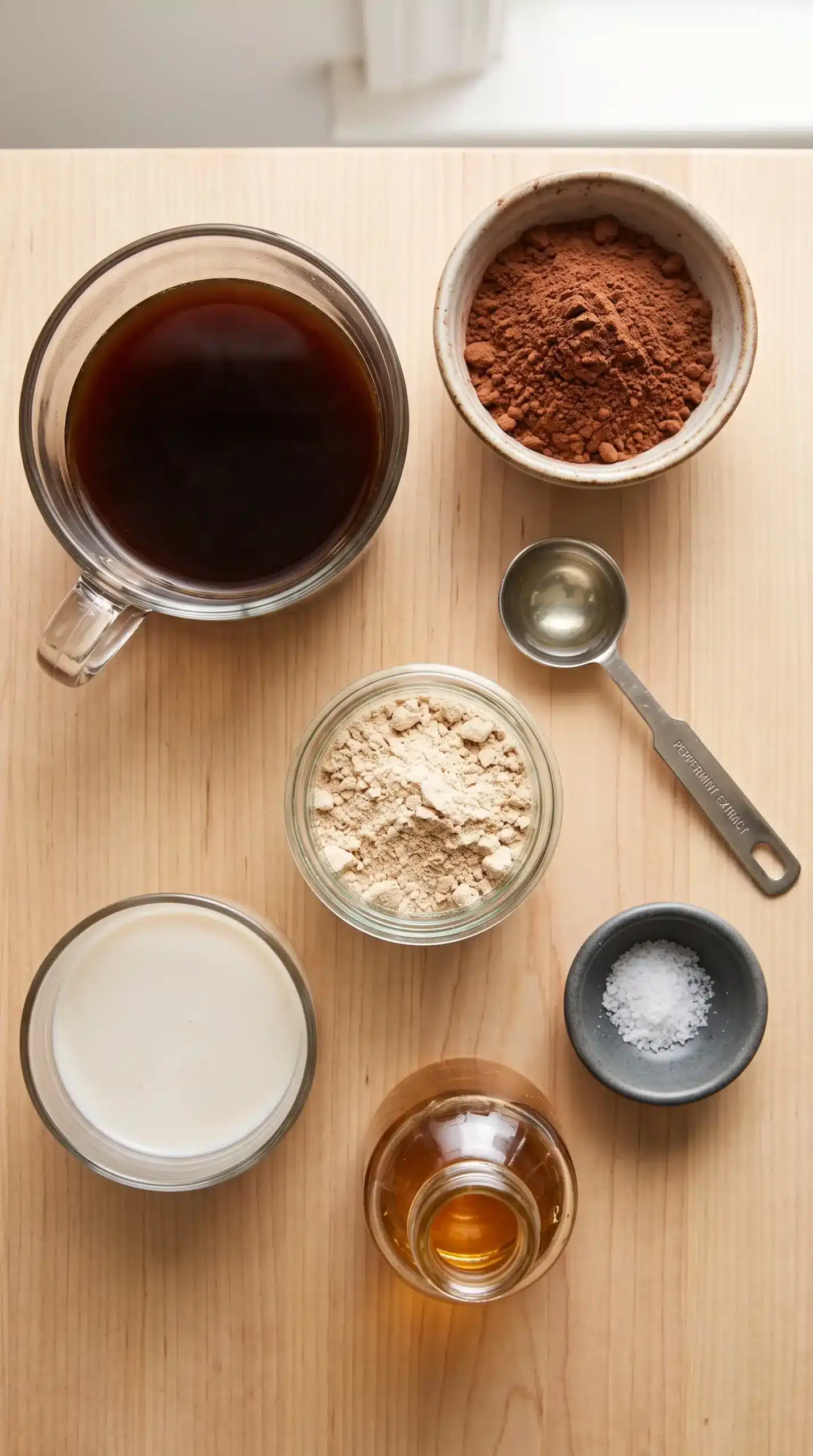 Ingredients for peppermint mocha protein coffee including coffee, cocoa, protein powder, and milk