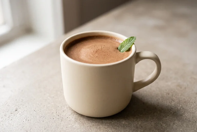 Peppermint mocha protein coffee in a ceramic mug with creamy foam and cocoa finish