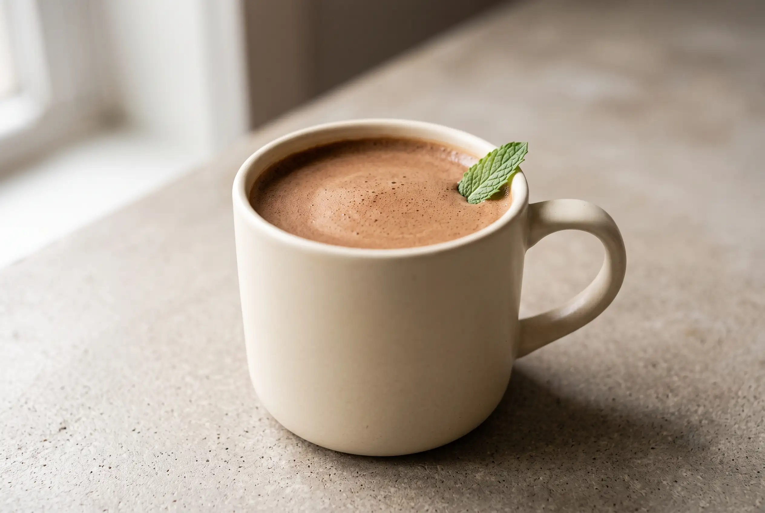 Peppermint mocha protein coffee in a ceramic mug with creamy foam and cocoa finish