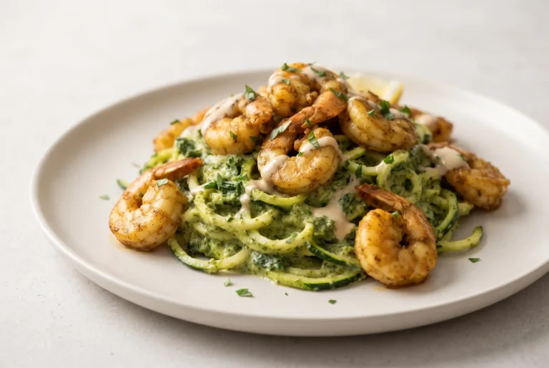 Pesto shrimp noodles with spicy shrimp and spiralized zucchini on a neutral ceramic plate