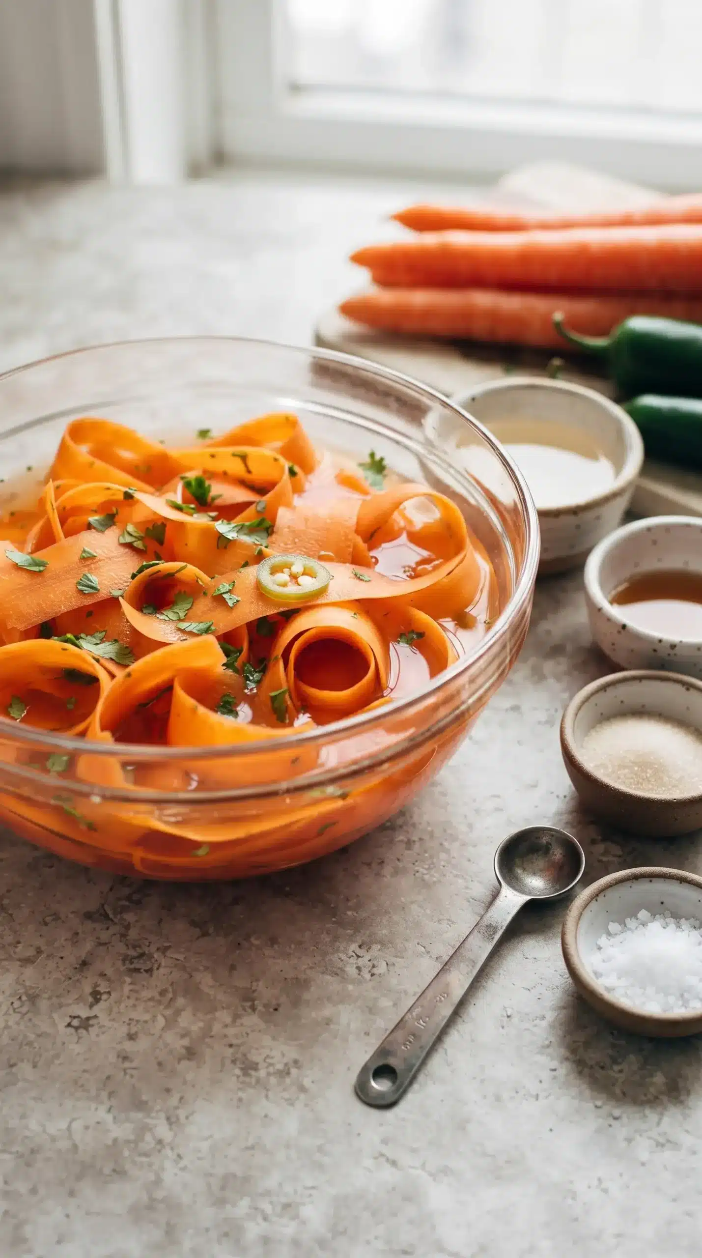 Pickled carrot ribbons soaking in vinegar mixture for lemongrass meatball bowls