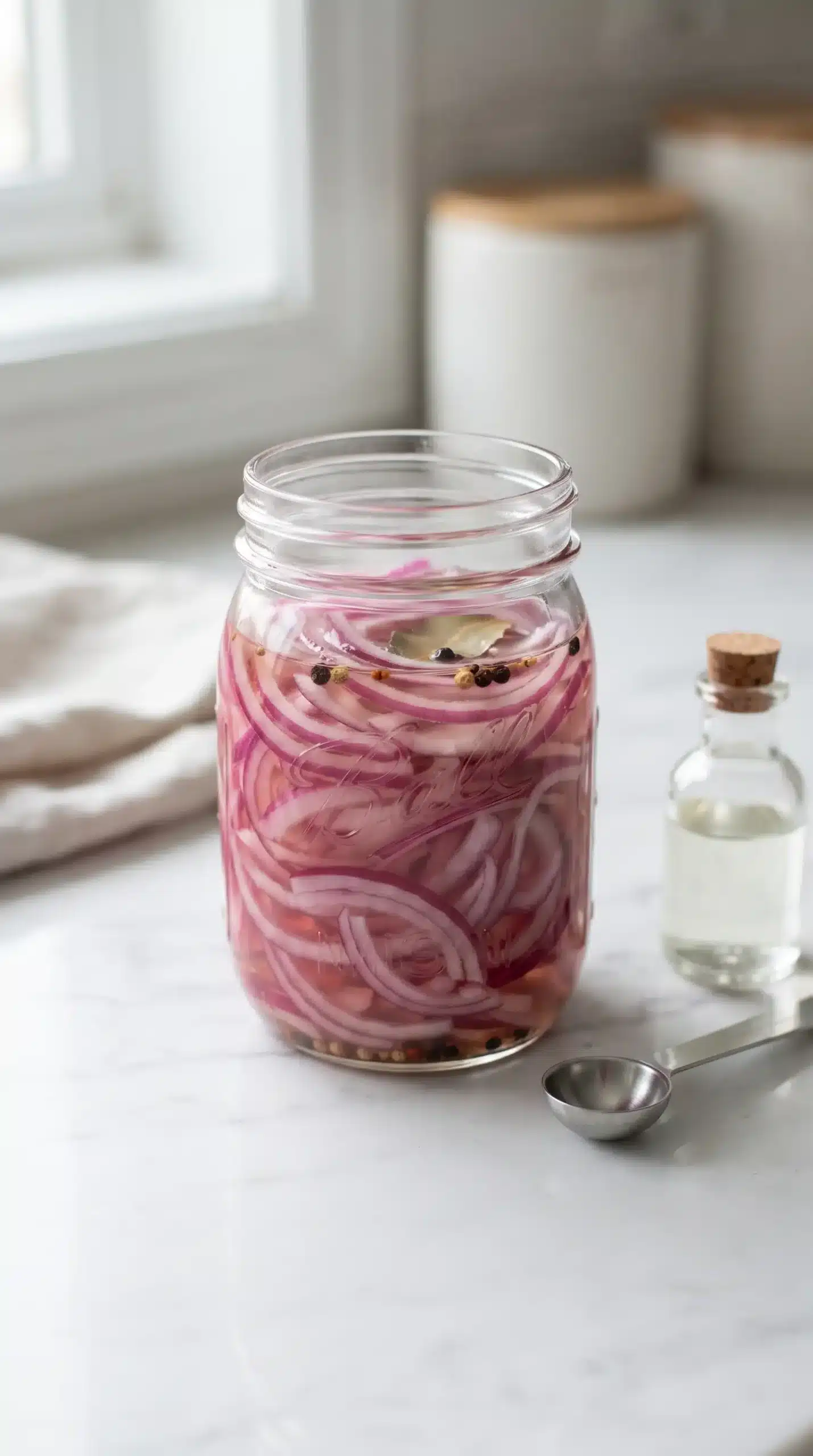 Jar of thinly sliced pickled red onions soaking in a vinegar mixture