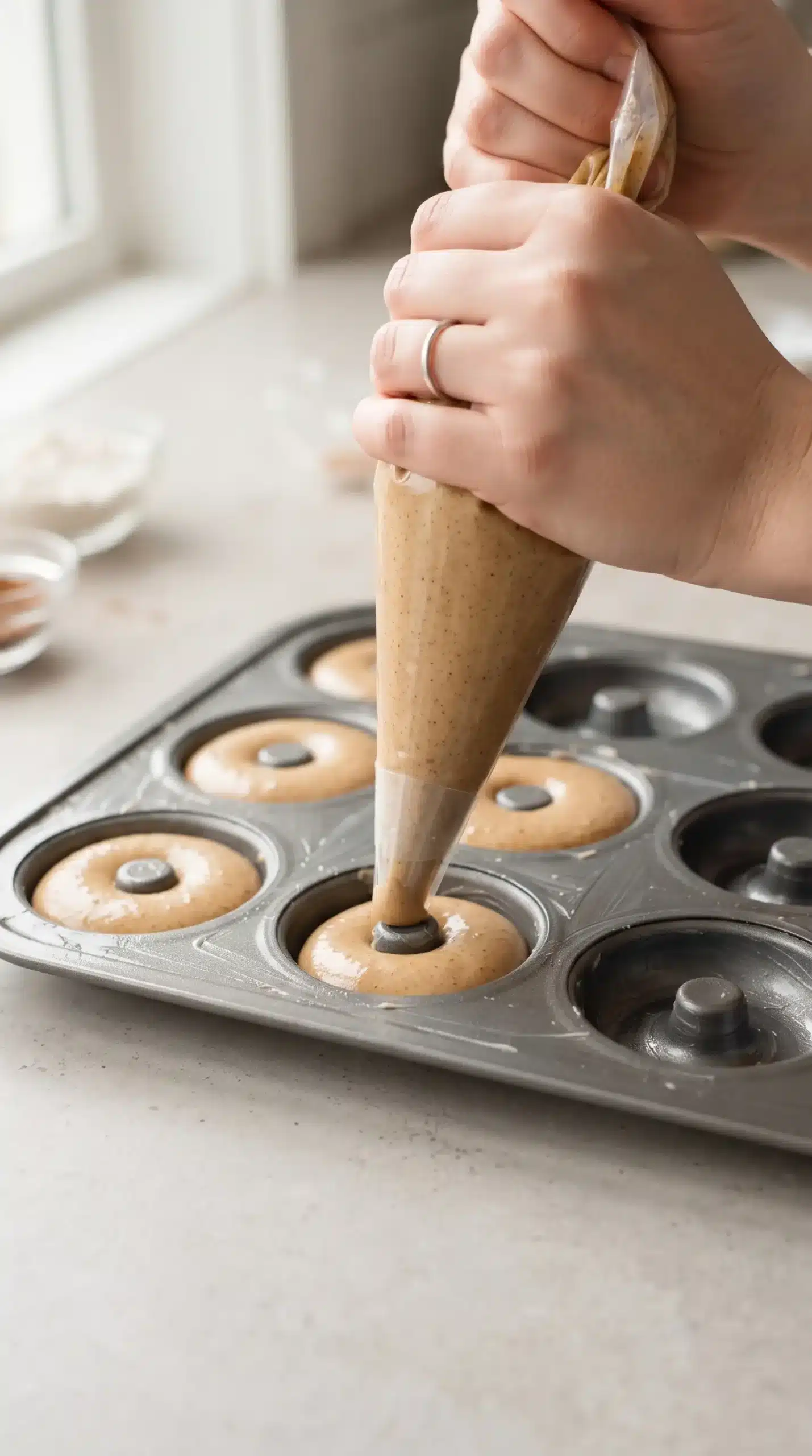 Batter being piped into a mini donut pan for gingerbread donuts