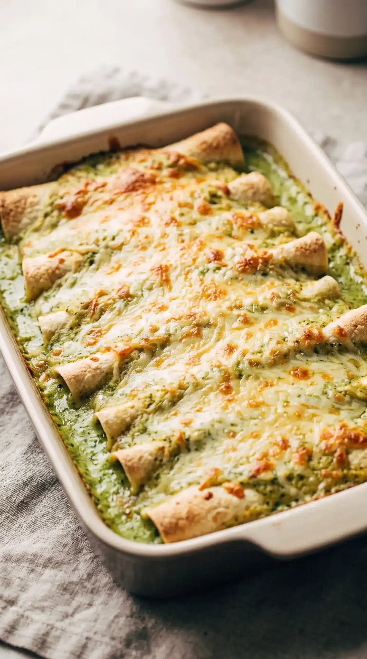 Baked breakfast enchiladas covered with roasted poblano sauce and melted cheese
