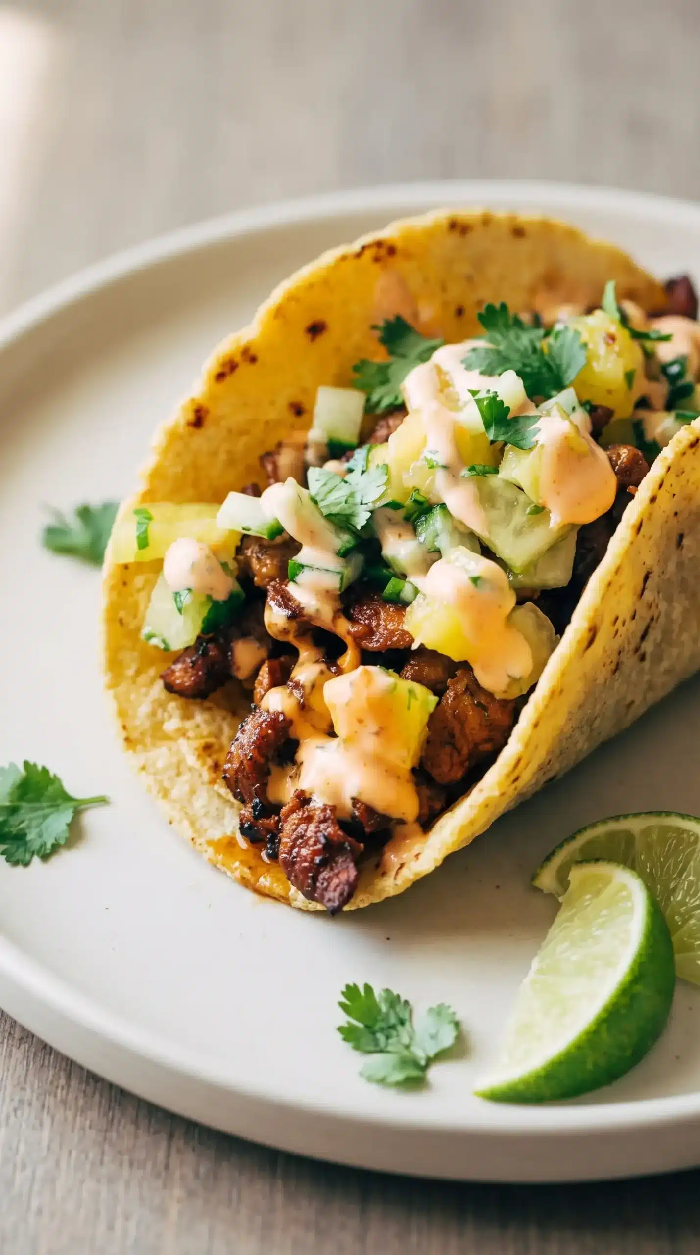 Caramelized pork tacos topped with pineapple salsa, chili sauce, and lime
