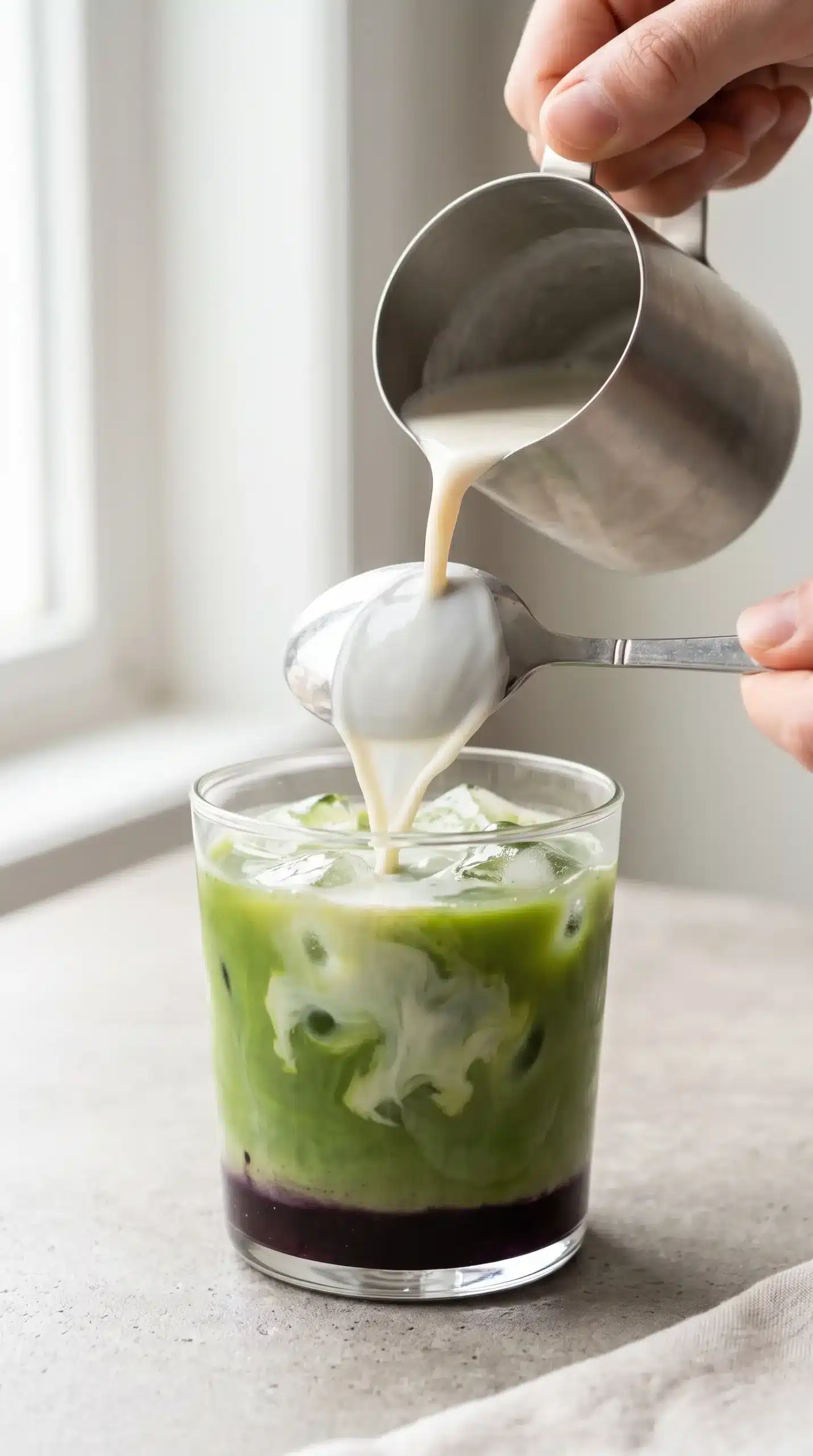 Oat milk poured over matcha and ice to create layers in a blueberry matcha latte