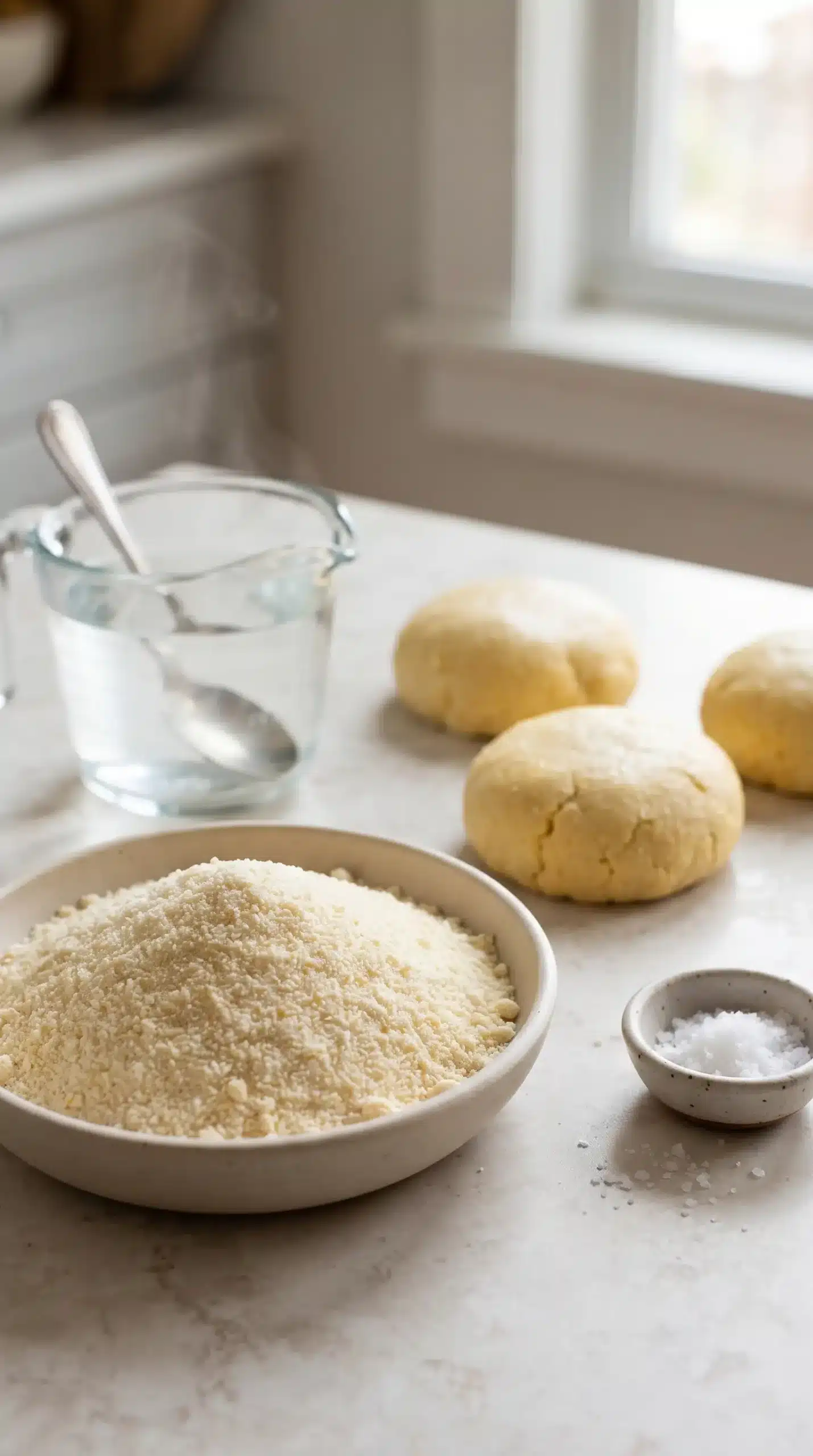 Precooked cornmeal, salt, water, and arepa dough portions ready for shaping