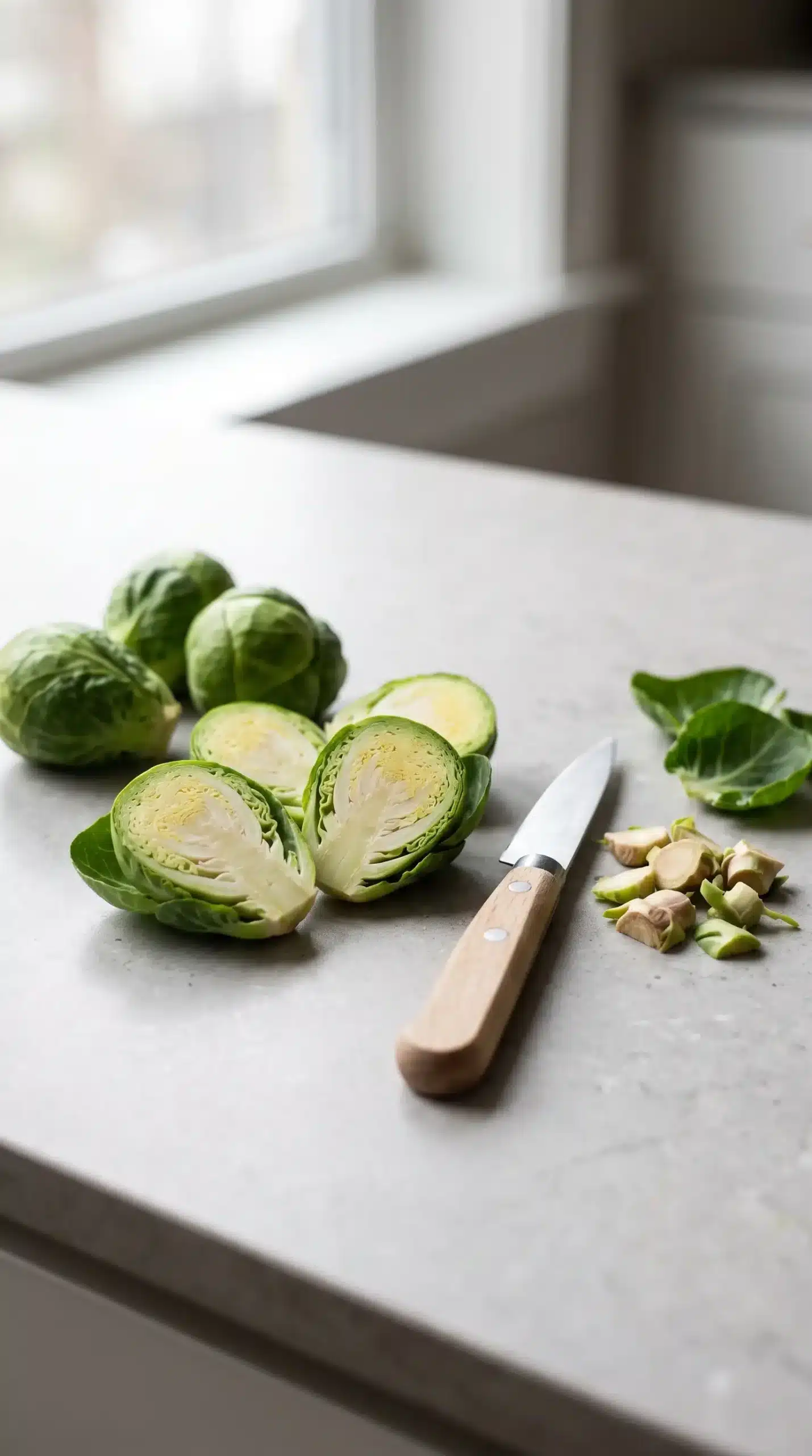 Halved Brussels sprouts prepared for cooking with trimmed stems and layered interiors visible