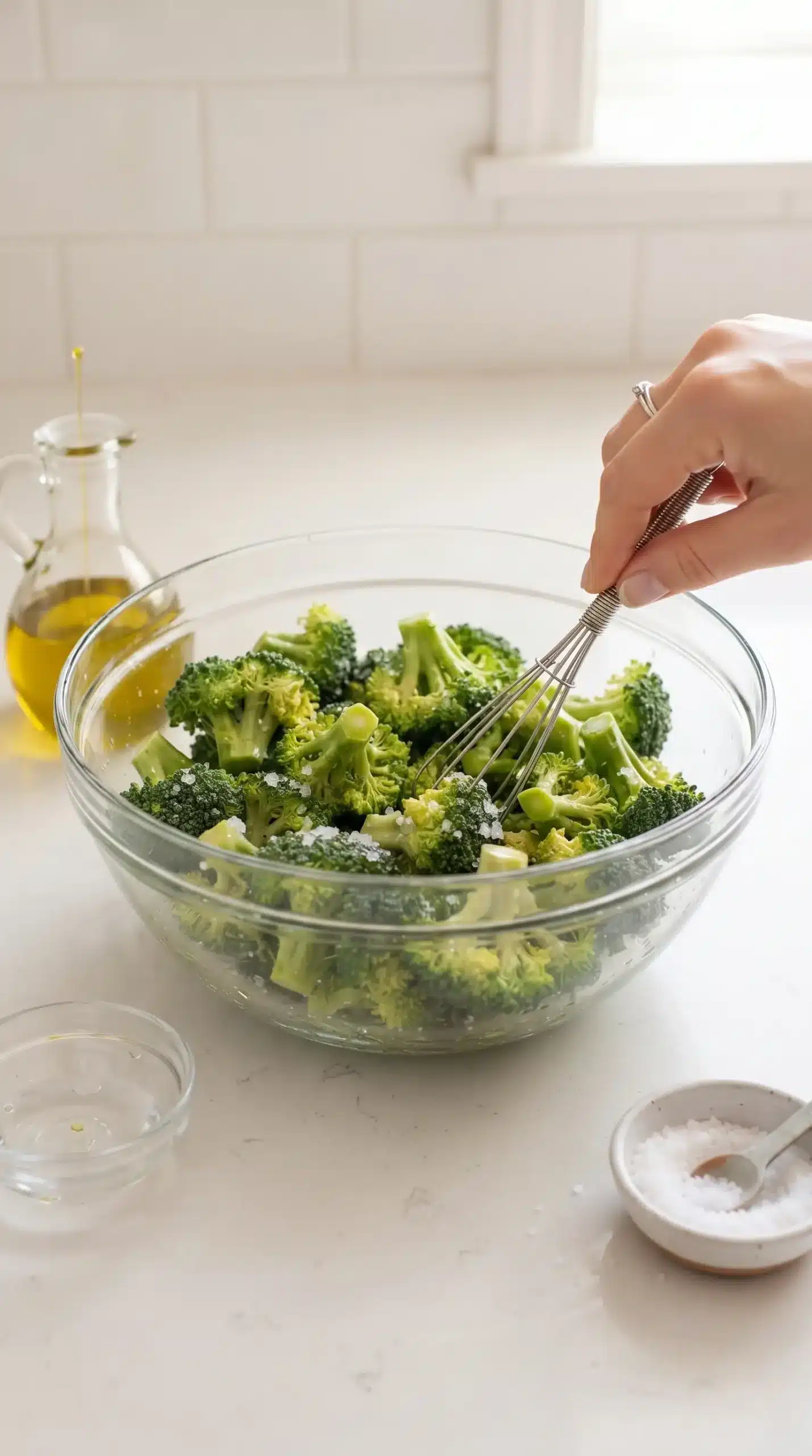 Fresh broccoli florets coated with oil, water, and salt before air frying