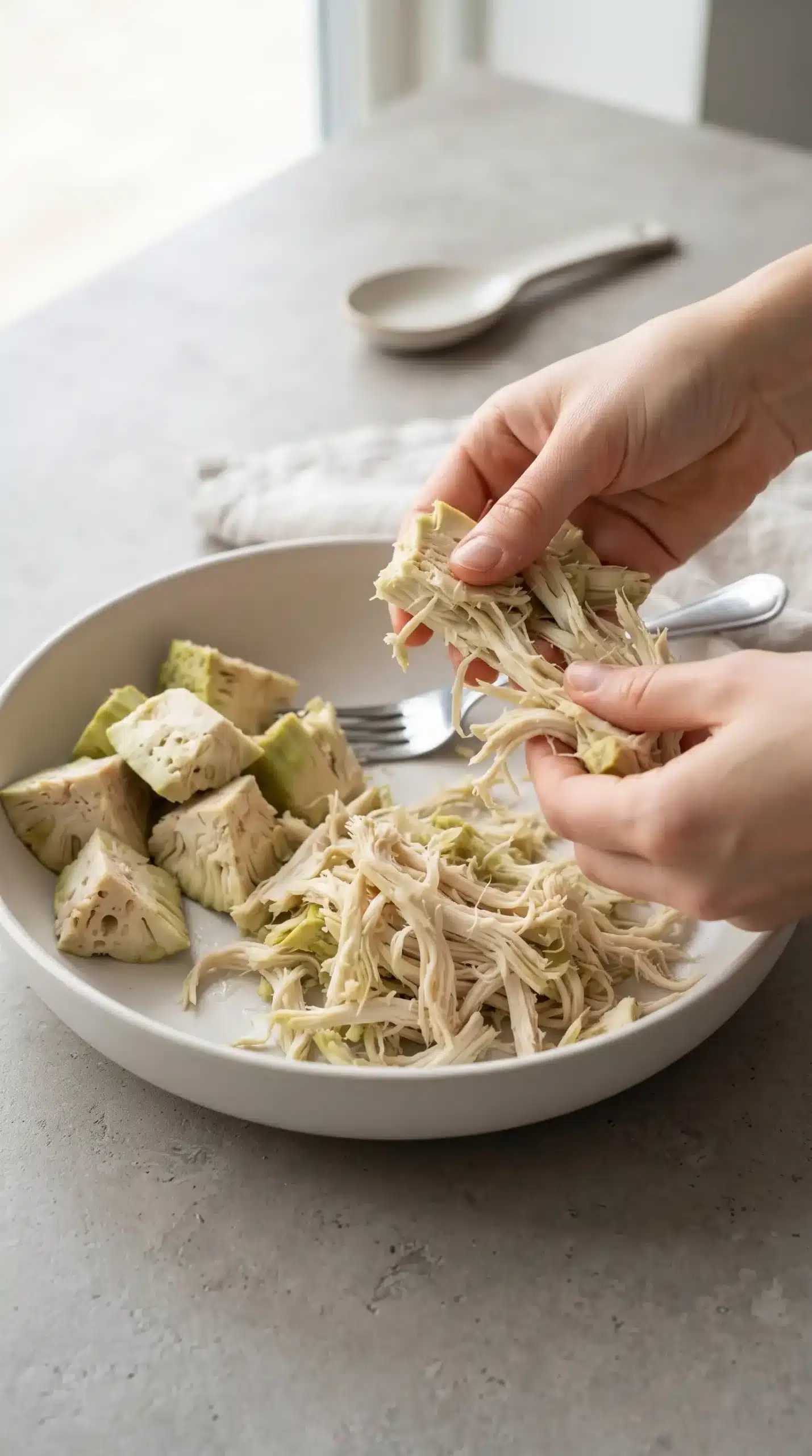 Young jackfruit pieces separated into fibrous strands for sandwich filling