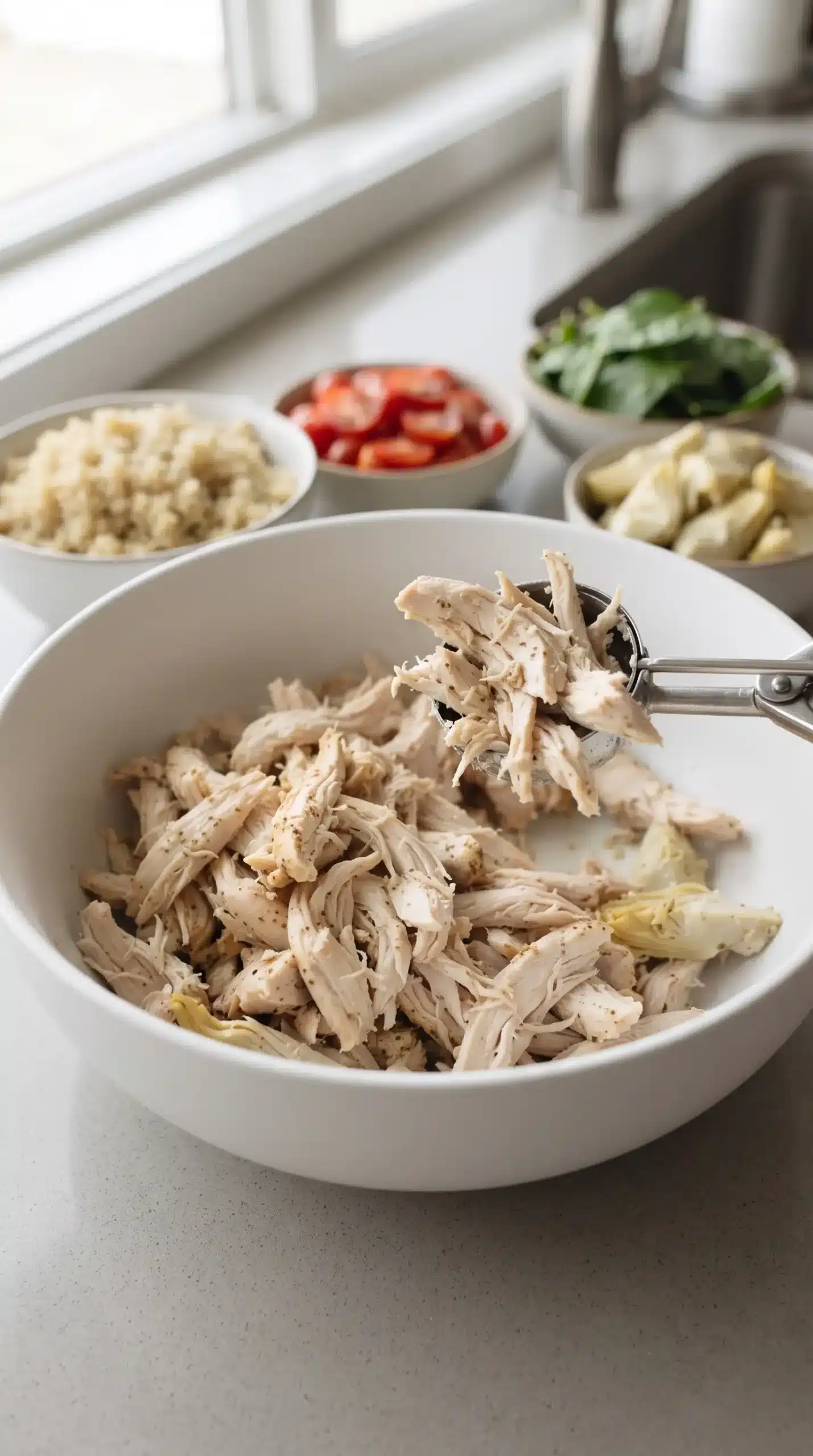 Pulled rotisserie chicken portioned for adding to chicken quinoa salad