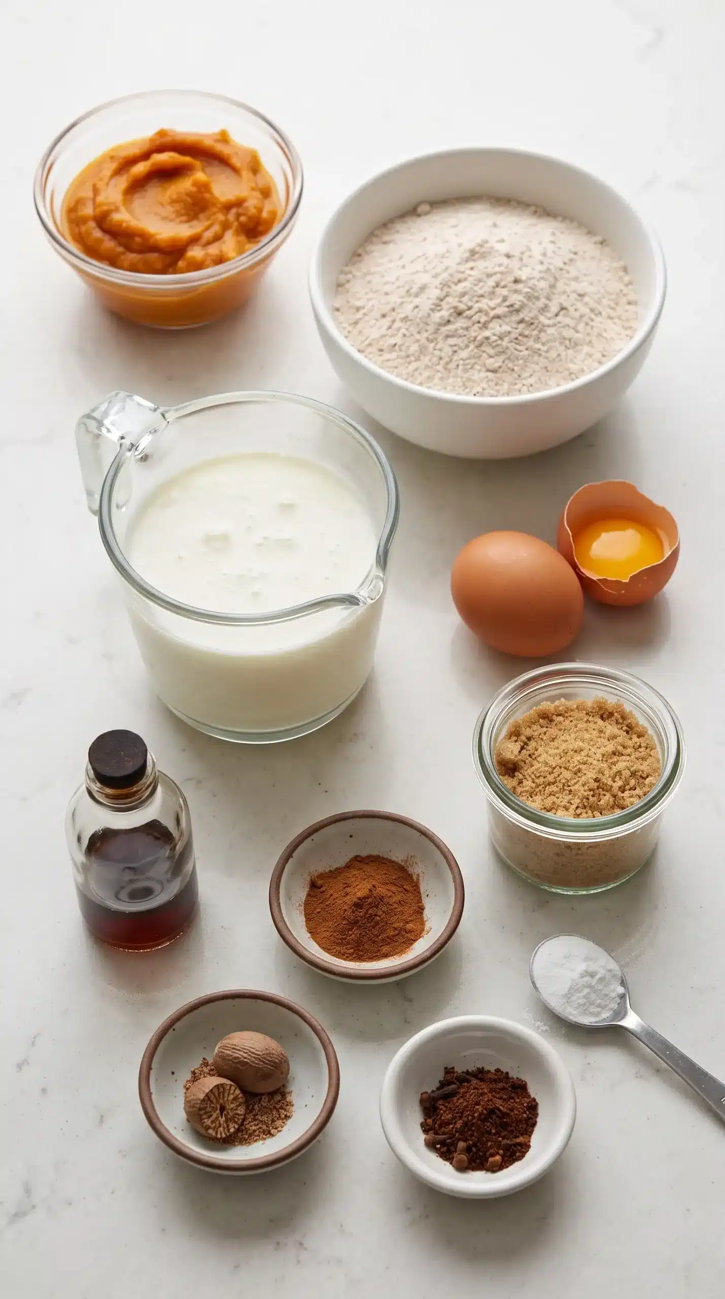 Pumpkin puree, whole wheat flour, buttermilk, eggs, and spices for pancakes
