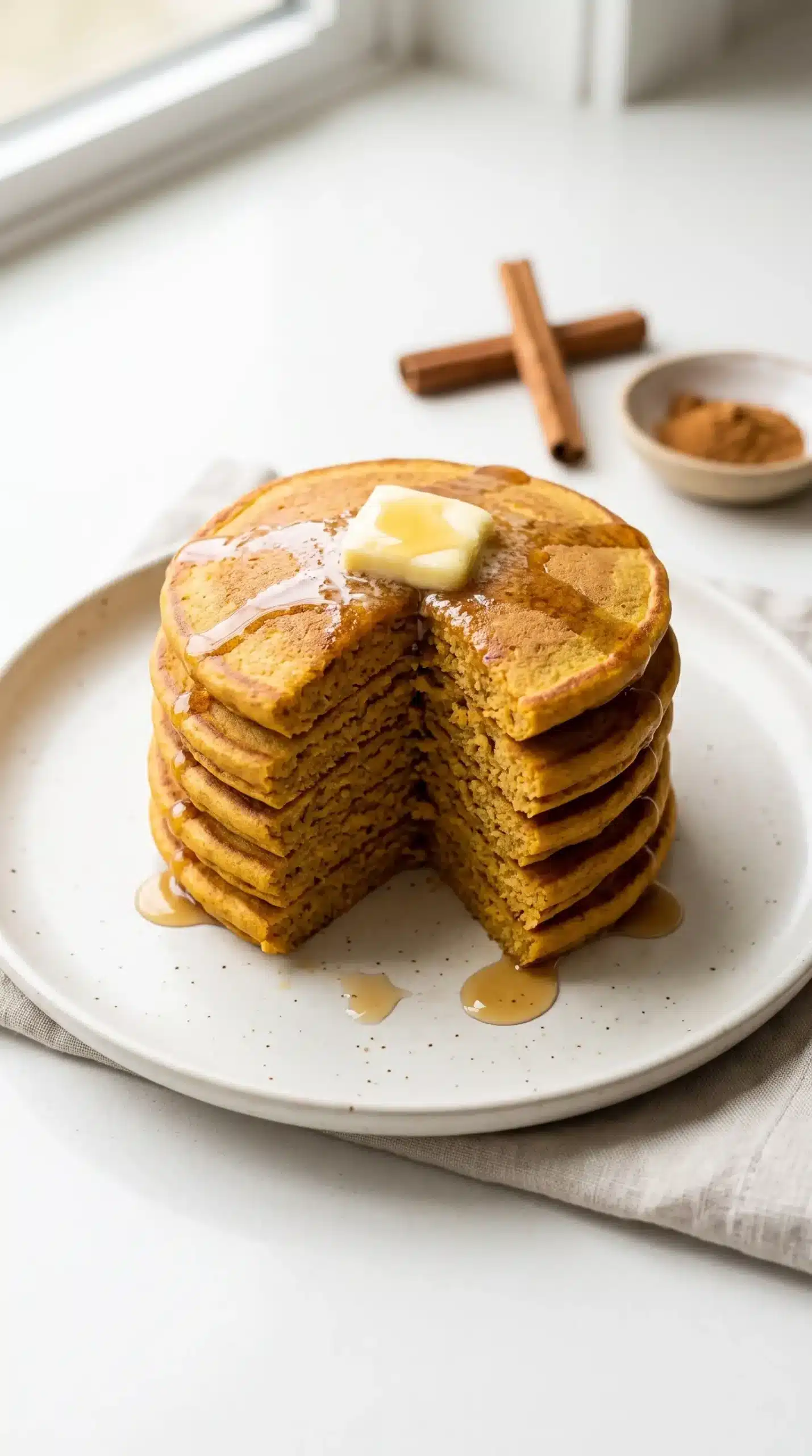 Stack of whole wheat pumpkin pancakes with maple syrup, butter, and warm spices