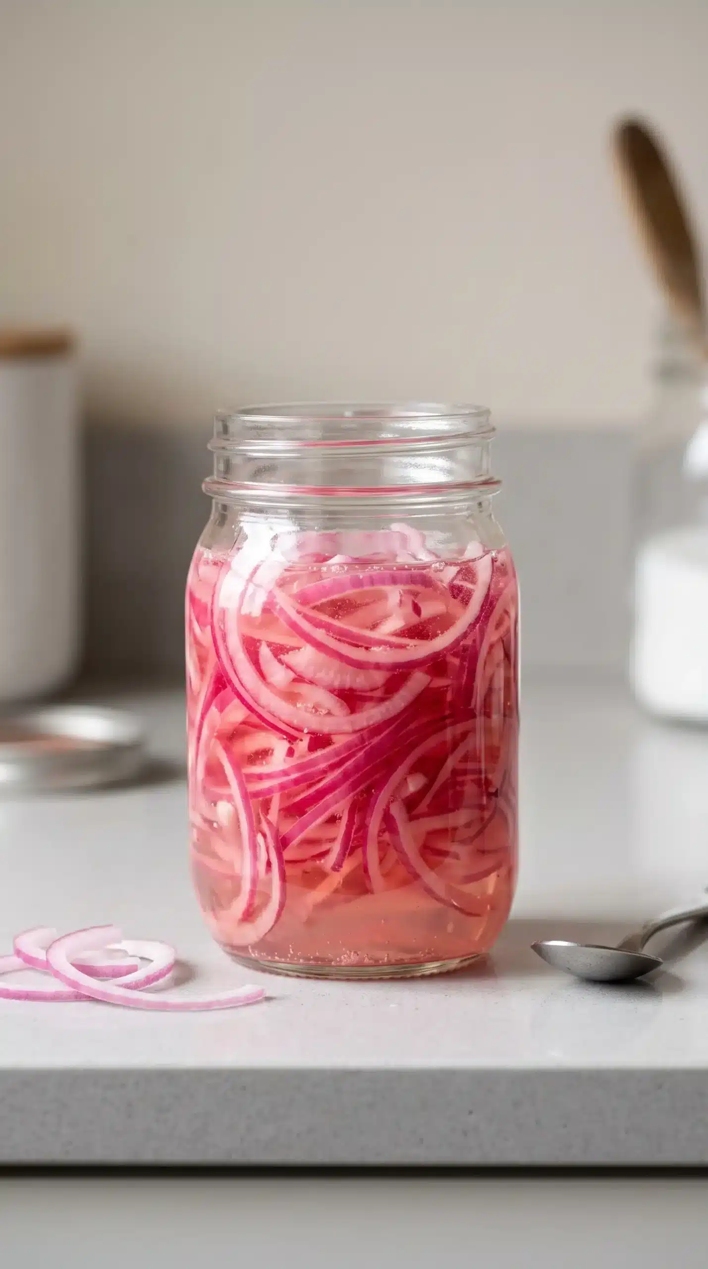 Jar of quick-pickled red onions with thin slices in vinegar mixture