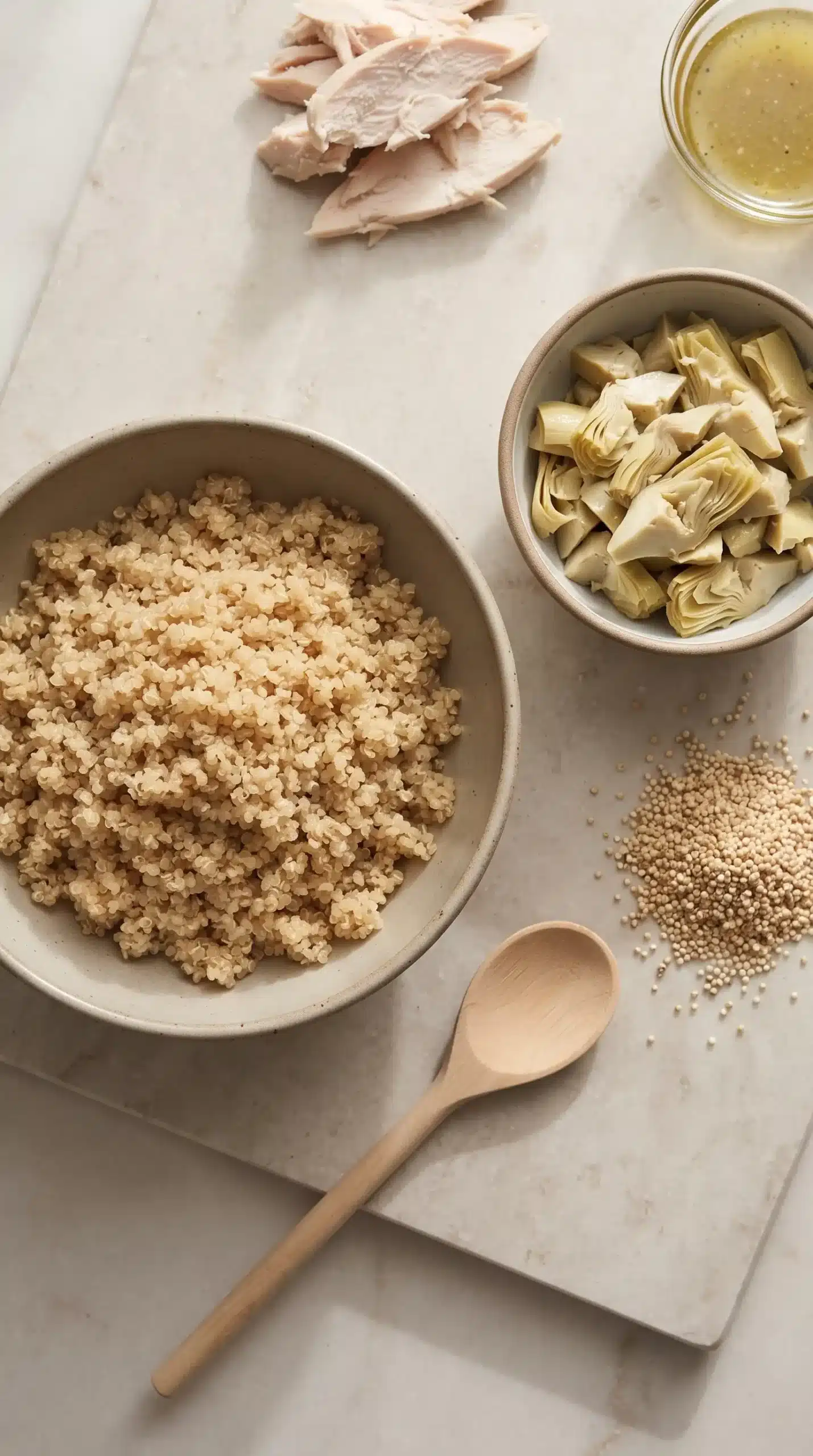 Cooked quinoa and chopped artichoke hearts prepared for chicken quinoa salad