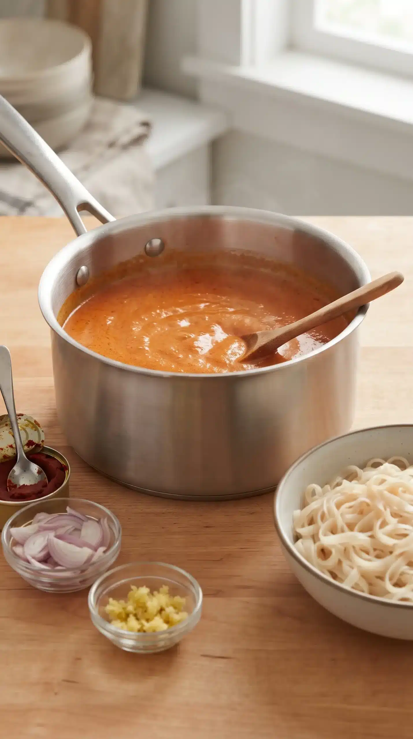 Red curry coconut sauce simmering with curry paste and aromatics