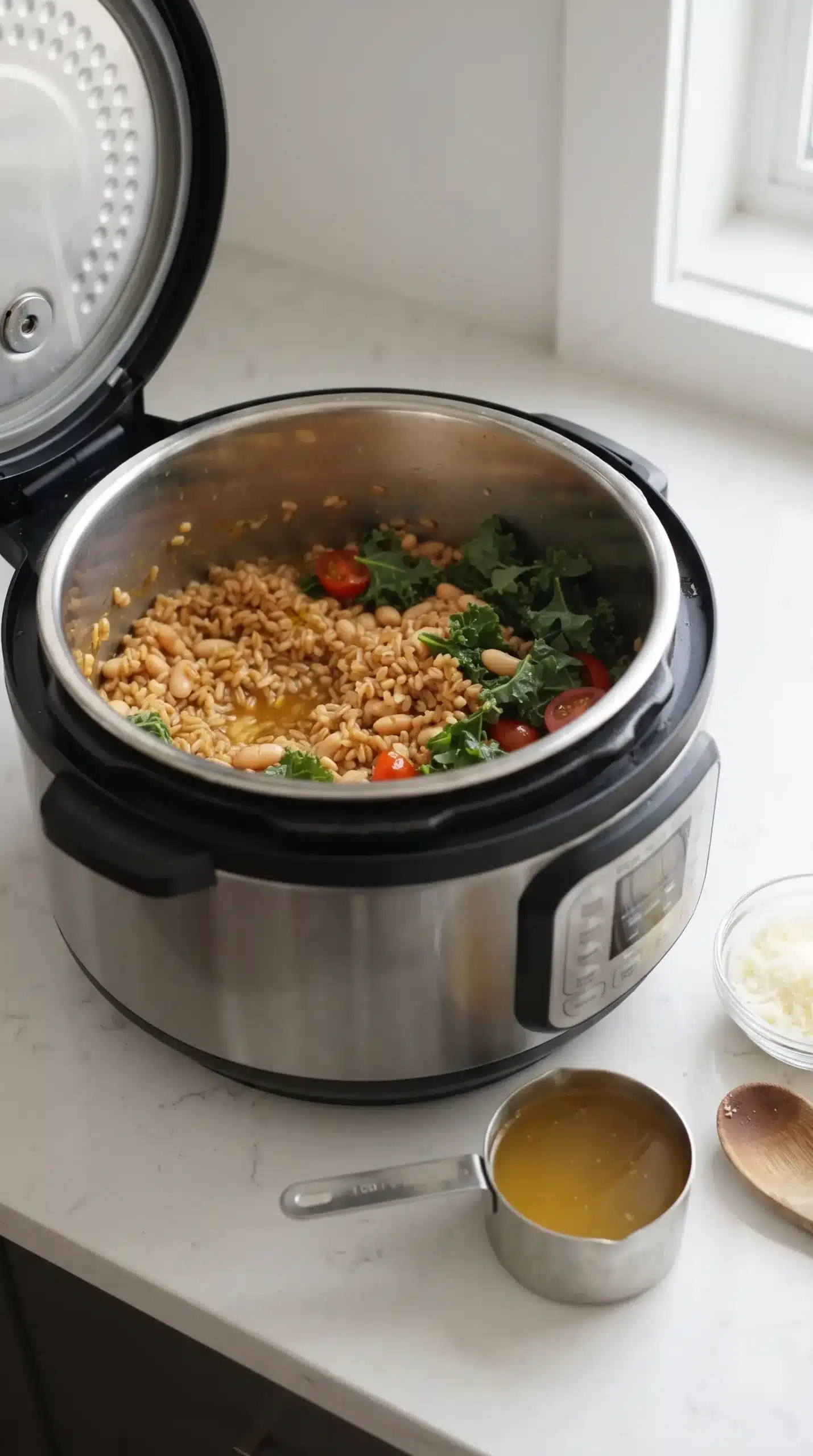 Rice cooker with cooked farro and broth during preparation