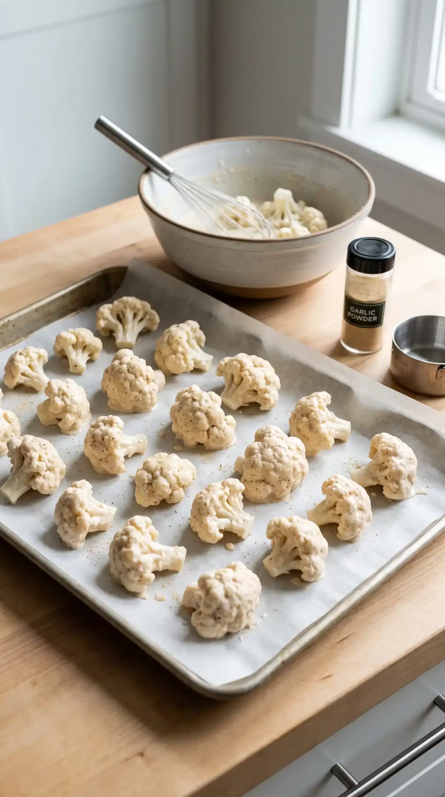 Battered cauliflower florets on a baking sheet ready for roasting