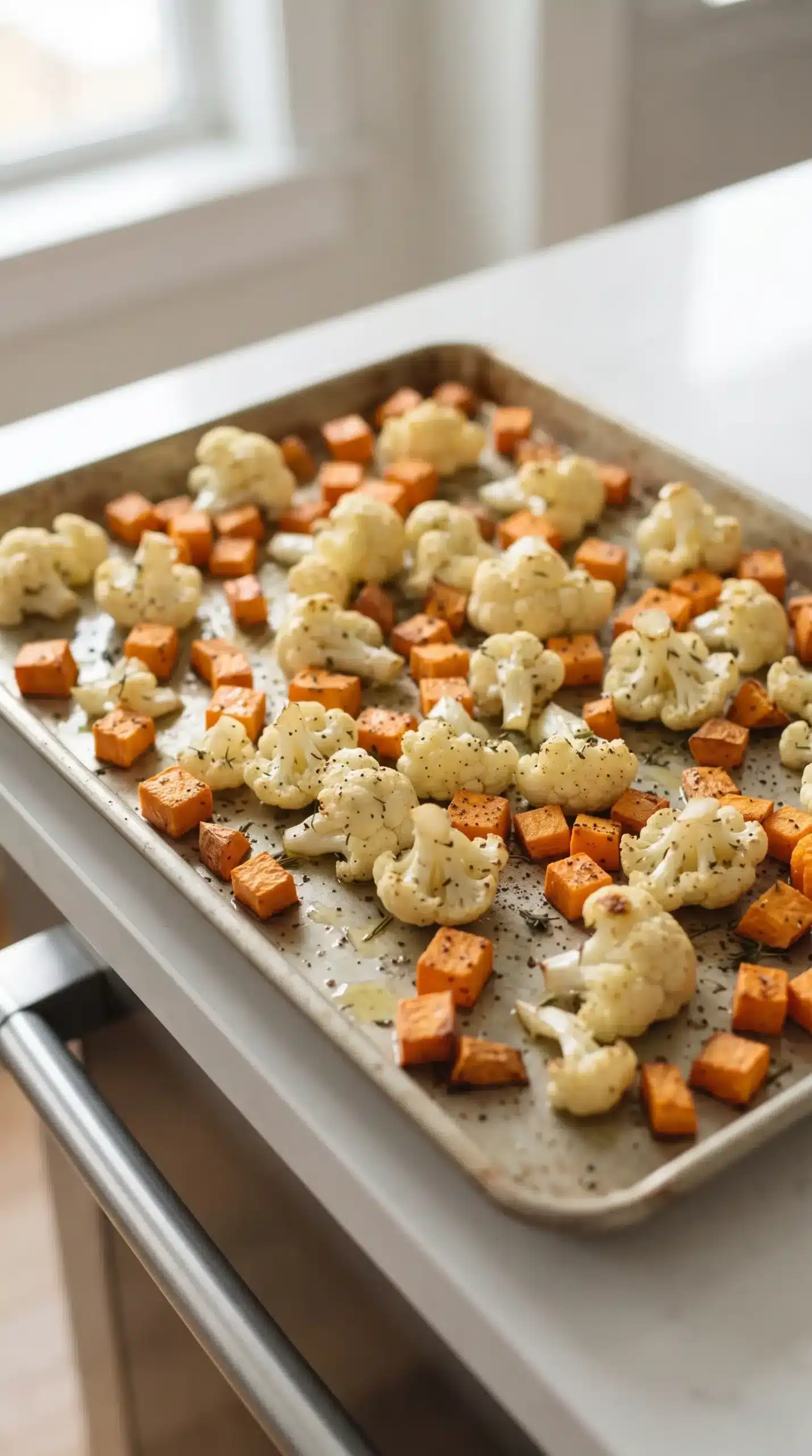 Cauliflower and sweet potato cubes roasting on a baking sheet for the salad