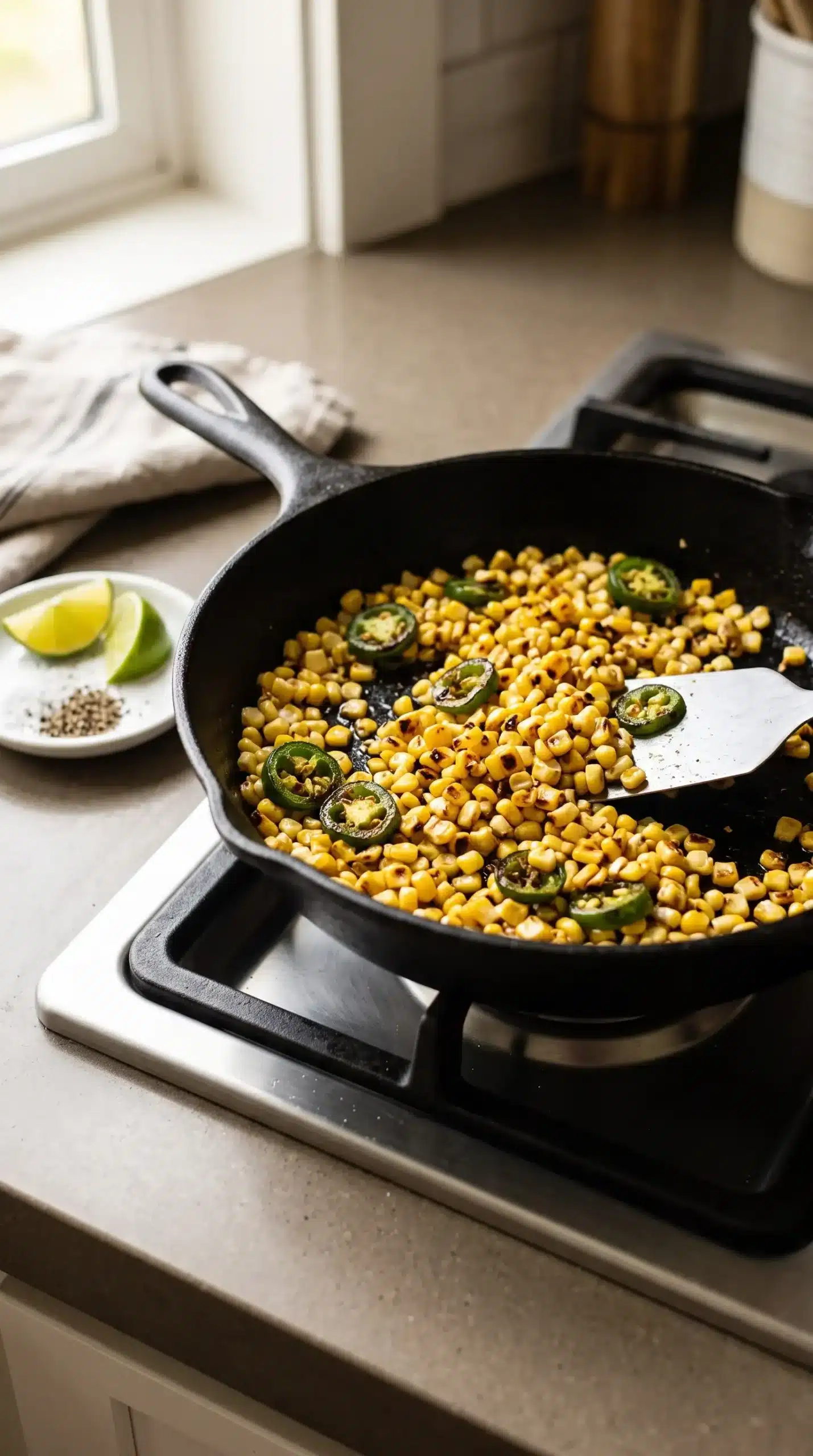 Skillet of roasted corn and jalapeño for Brussels sprouts tacos
