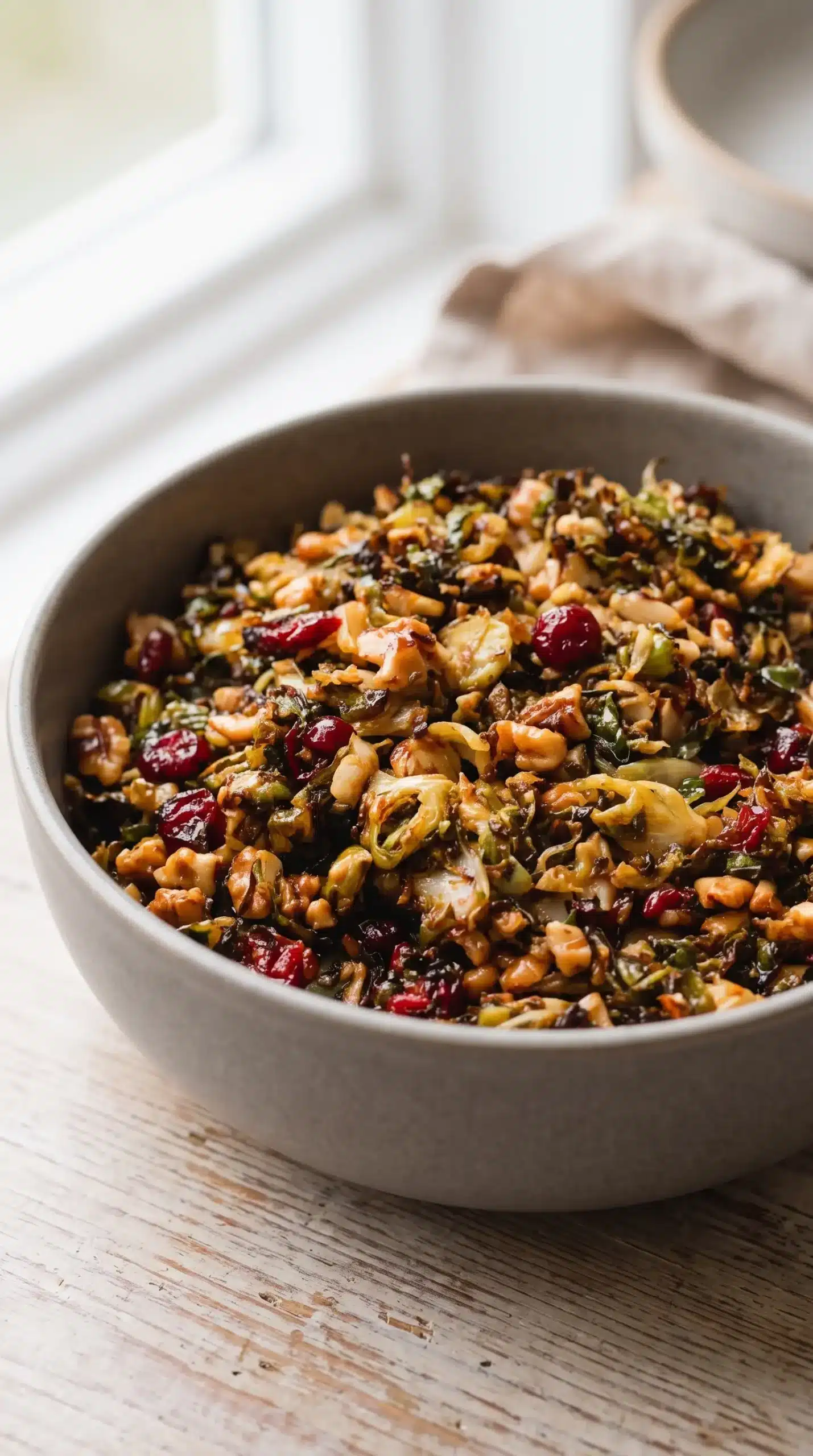 Roasted gochujang butter Brussels sprouts with walnuts and dried cranberries in a bowl