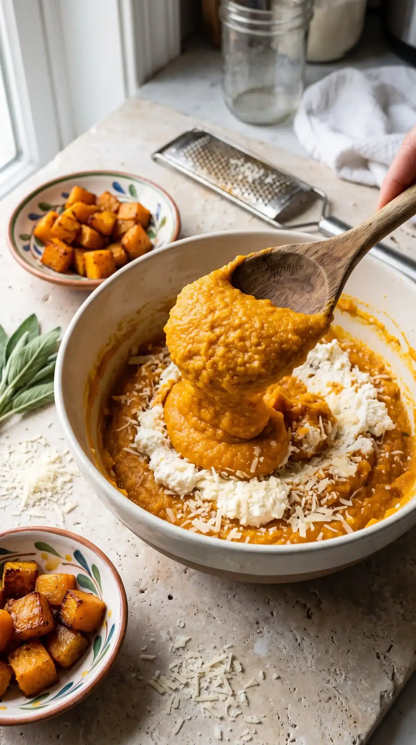 Roasted squash filling mixed with ricotta and Parmesan for ravioli preparation