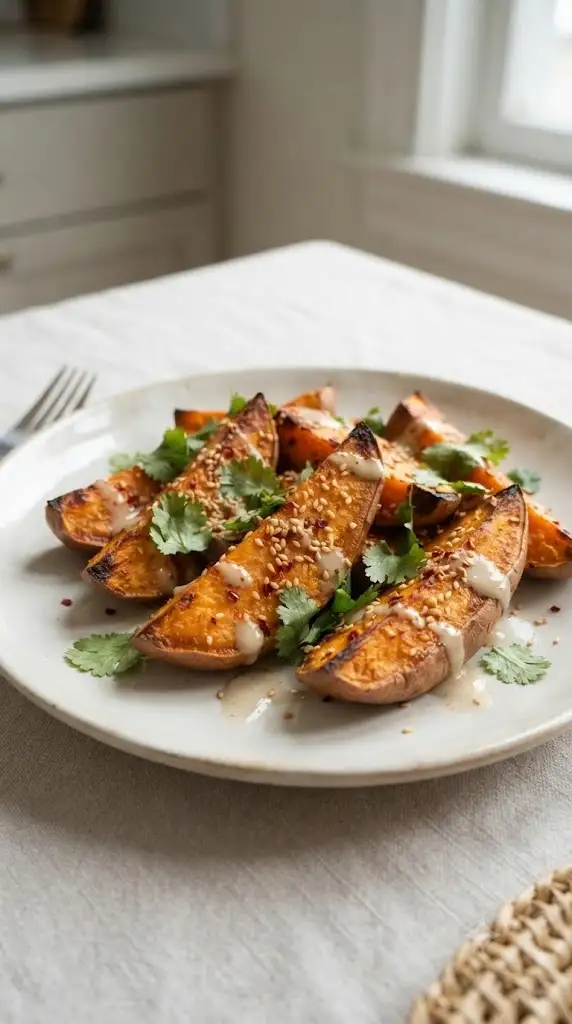 Roasted sweet potato wedges with tahini drizzle, sesame seeds, cilantro, and browned edges
