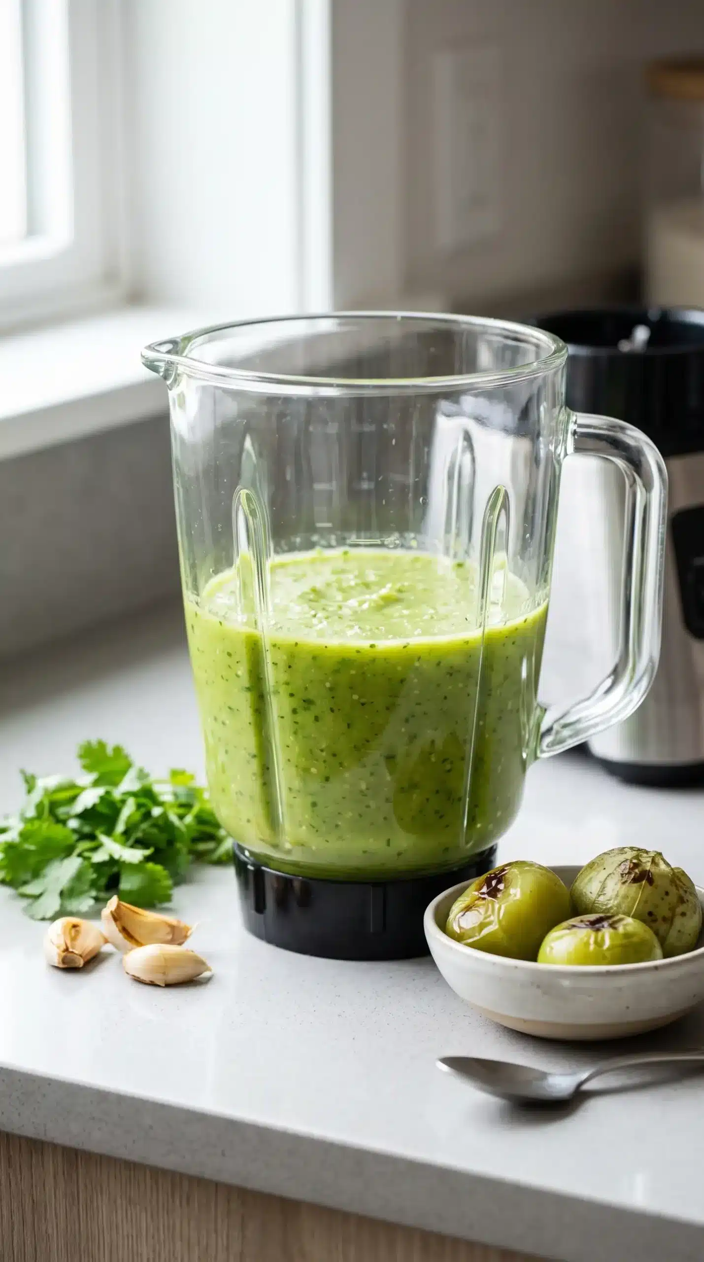 Roasted tomatillo sauce being blended with tomatillos, garlic, and cilantro
