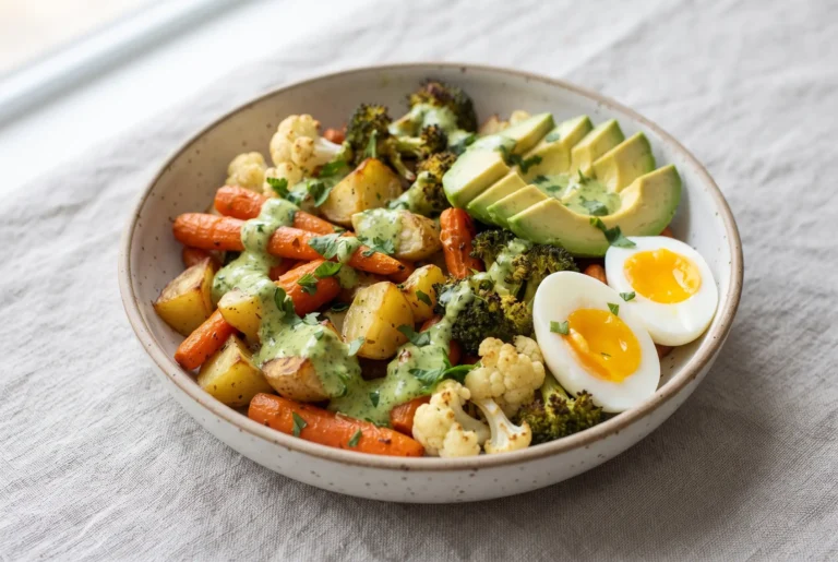 Roasted vegetable bowl with green tahini, avocado, hard-boiled eggs, carrots, potatoes, broccoli, and cauliflower