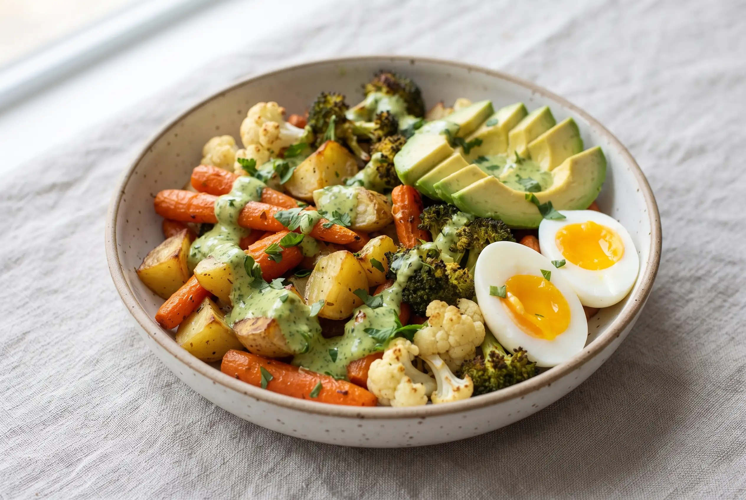 Roasted vegetable bowl with green tahini, avocado, hard-boiled eggs, carrots, potatoes, broccoli, and cauliflower