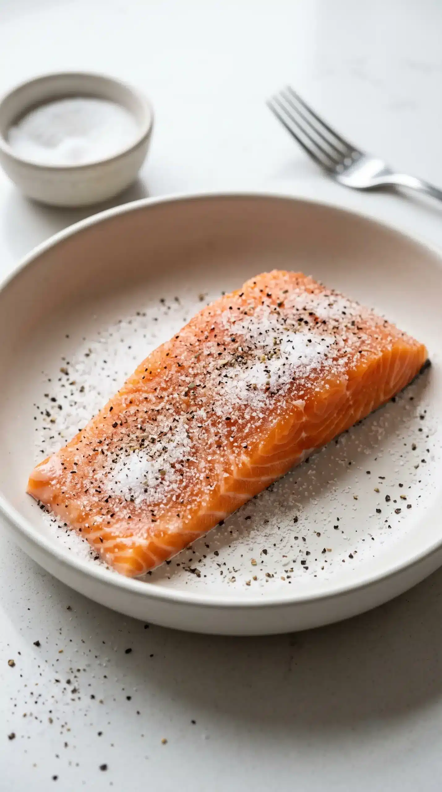 Skin-on salmon fillet coated with sugar, salt, and black pepper seasoning