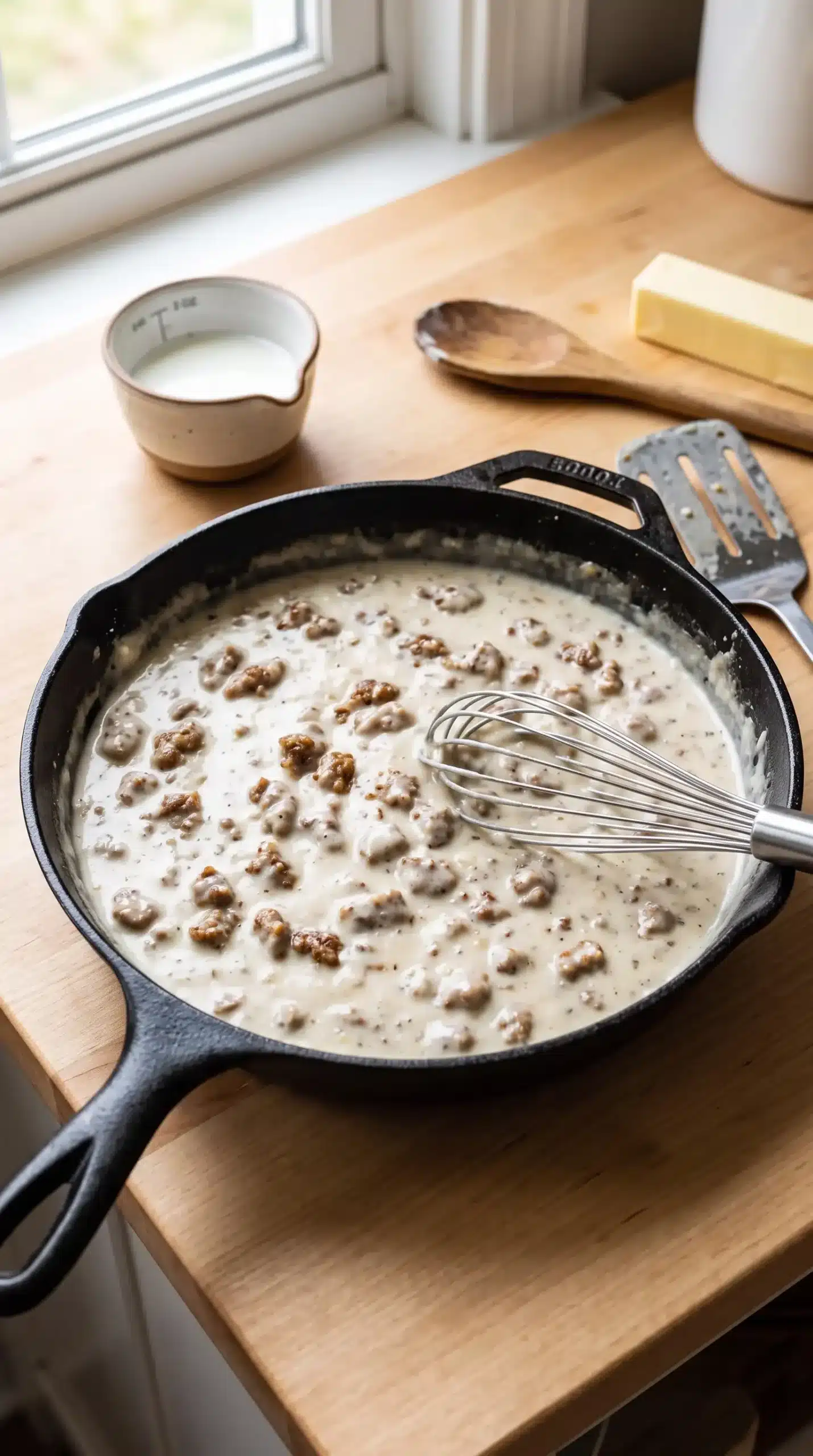 Sausage gravy cooking in a cast iron skillet for a biscuits and gravy egg bake