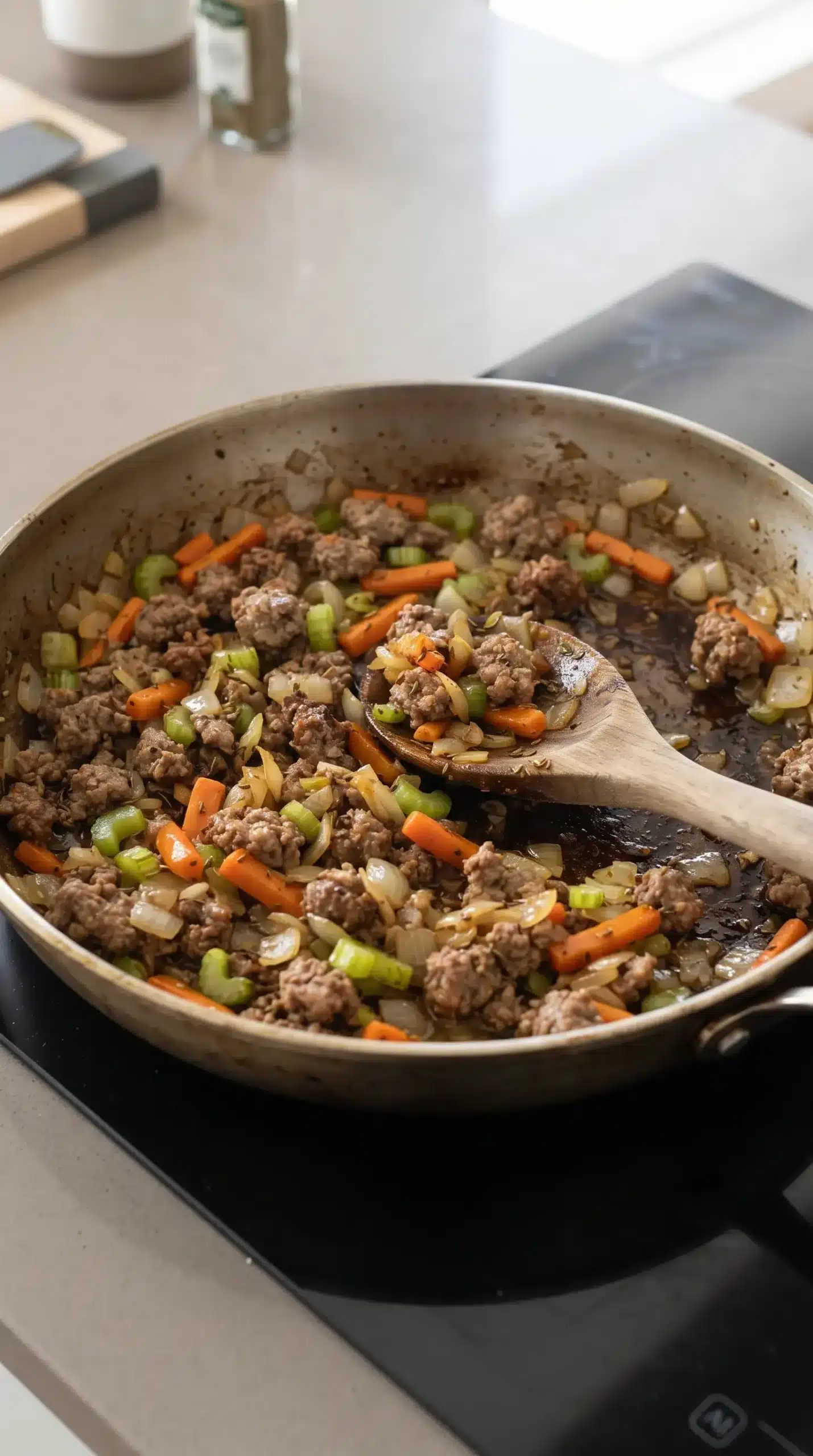 Browned sausage cooked with carrots, celery, onion, garlic, and fennel seeds in a skillet