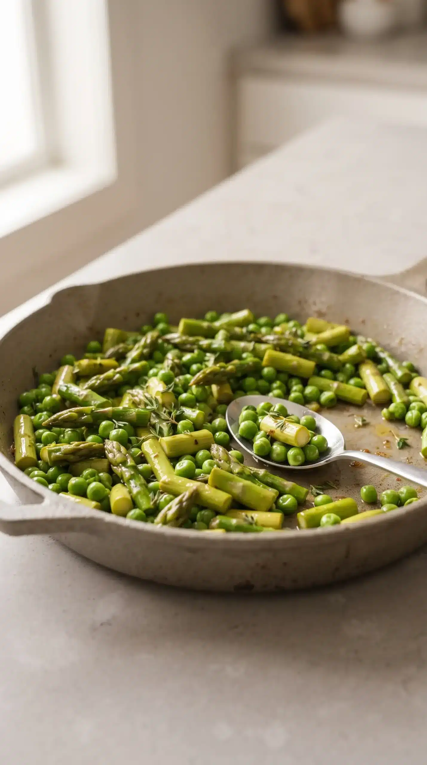 Sautéed asparagus pieces and green peas prepared as toppings for asparagus pea pizza