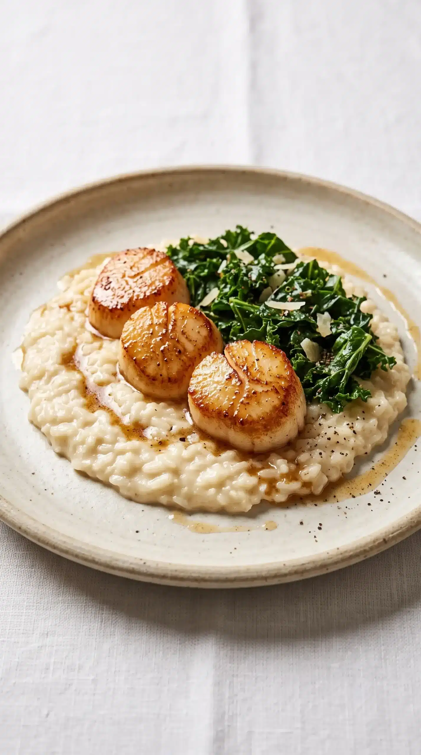 Seared scallops with Parmesan risotto, wilted greens, and brown butter