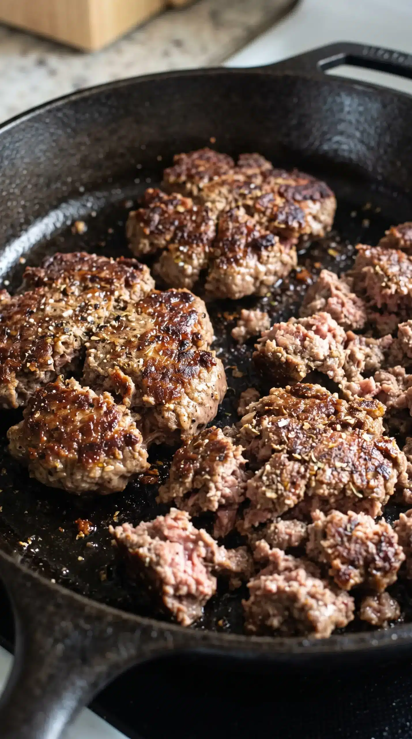 Ground beef searing in a cast iron skillet for burger bowls
