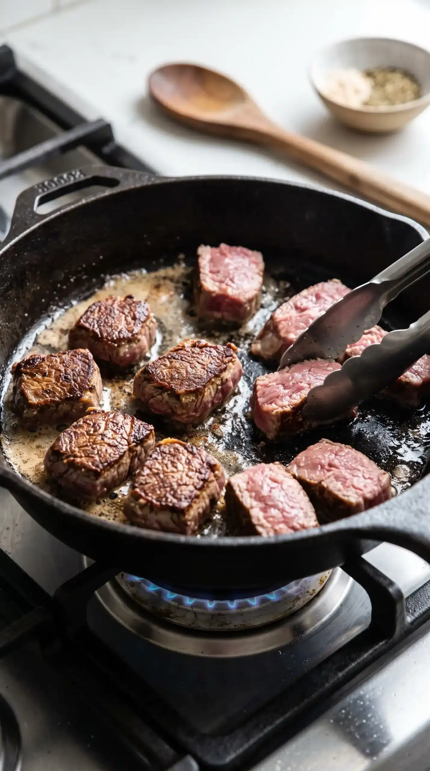 Sirloin steak pieces searing in browned butter in a skillet for vodka steak pasta