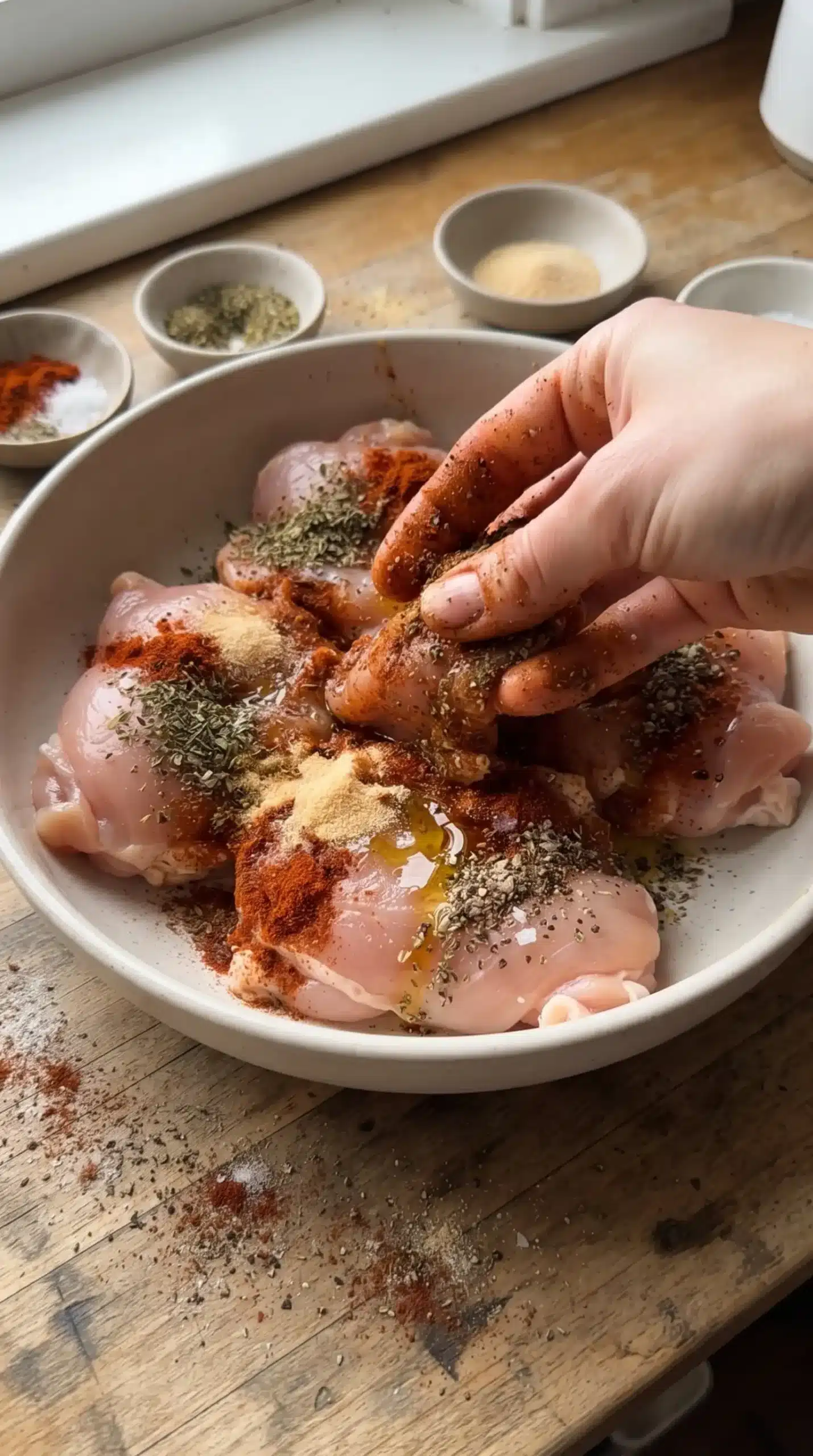 Raw chicken thighs coated with paprika, oregano, garlic, and onion seasoning