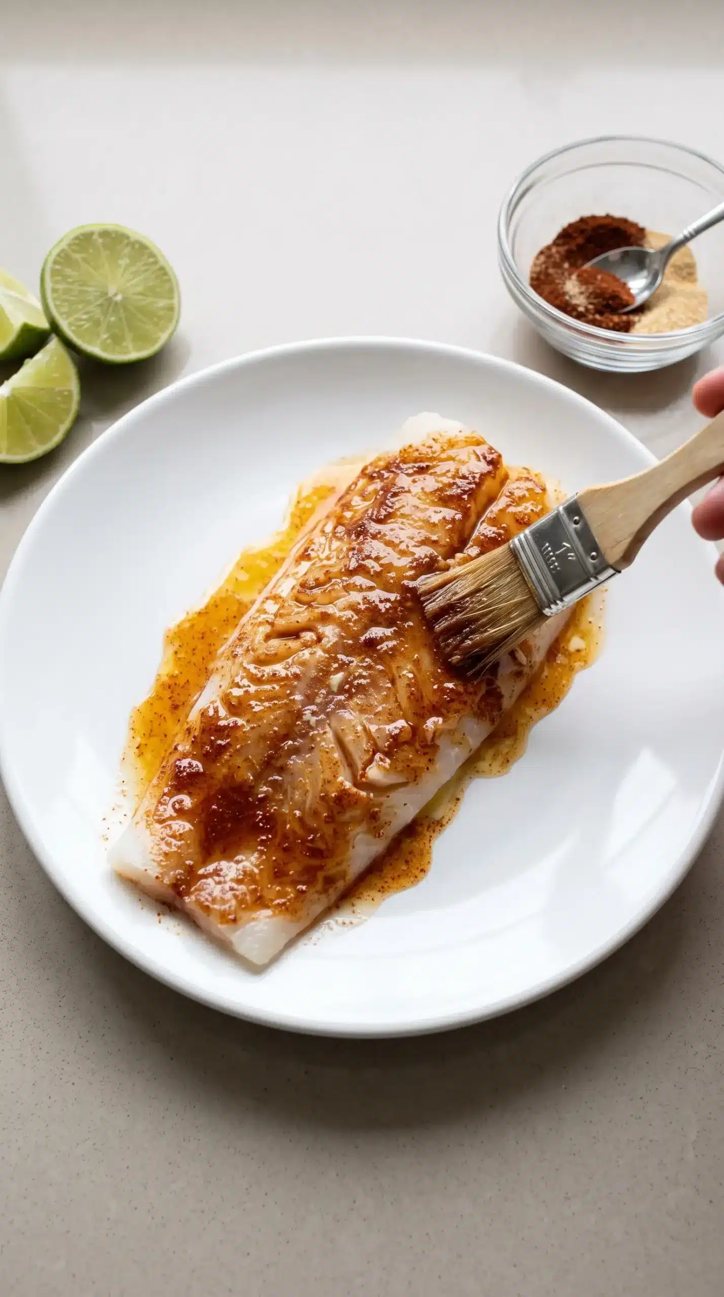 Seasoned cod fillet coated with chili lime butter before baking for fish tacos