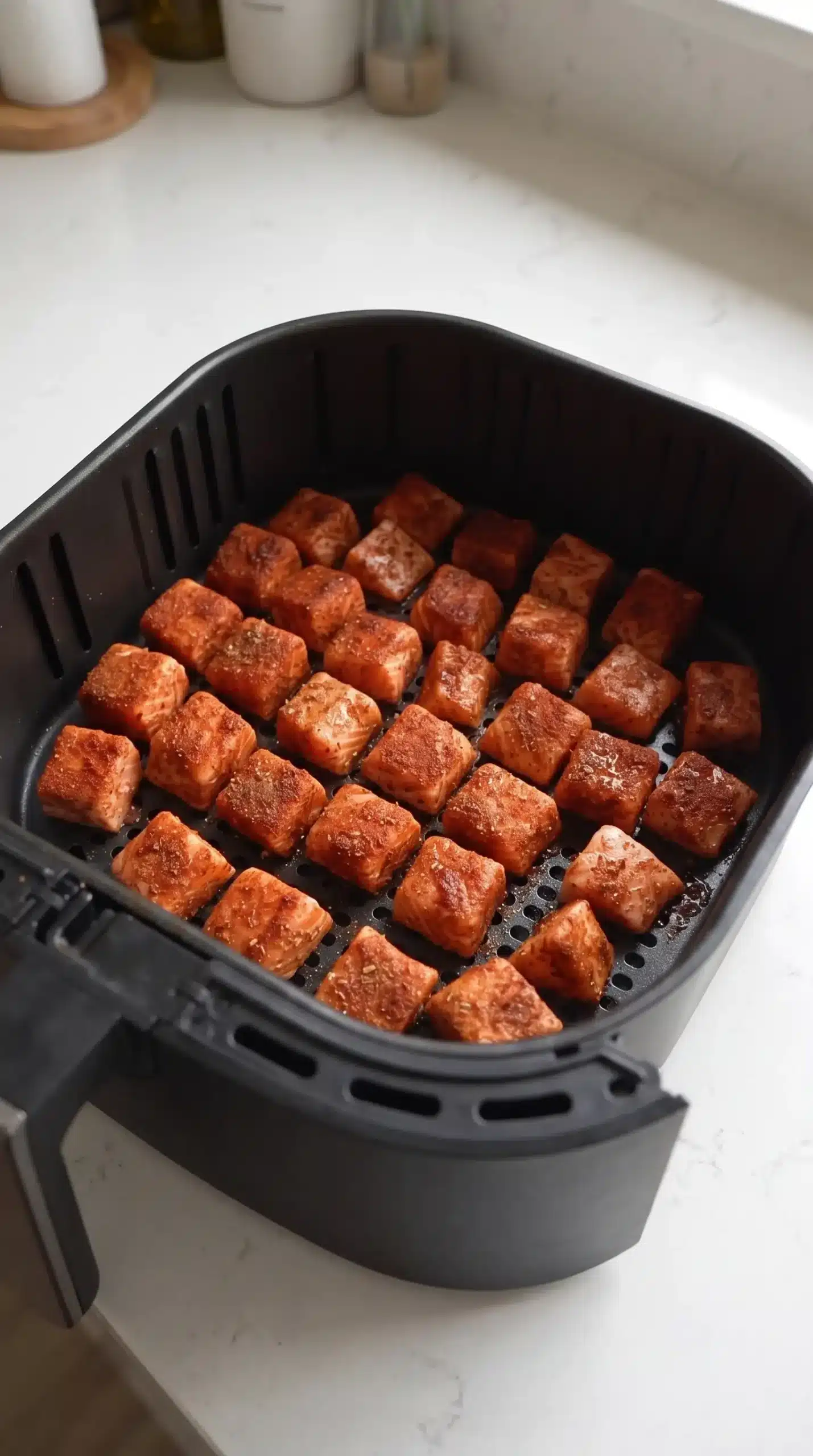 Seasoned salmon cubes arranged in an air fryer basket before cooking