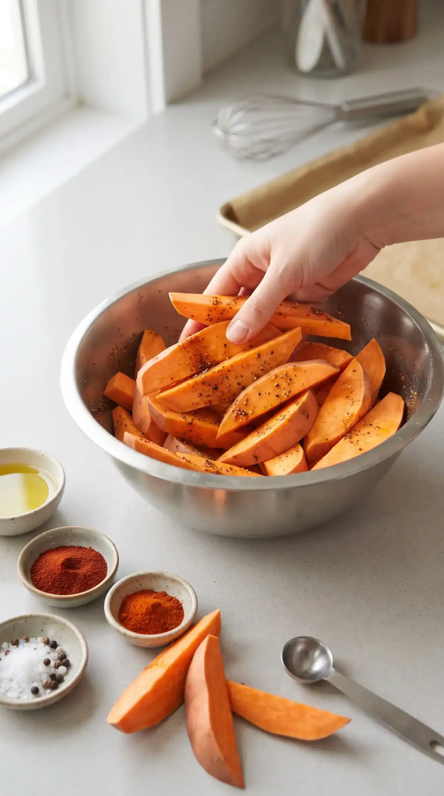Seasoned sweet potato wedges being prepared with oil and spices before roasting