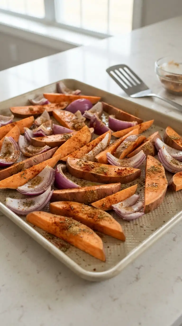 Seasoned sweet potato wedges and red onion arranged on a baking sheet before roasting