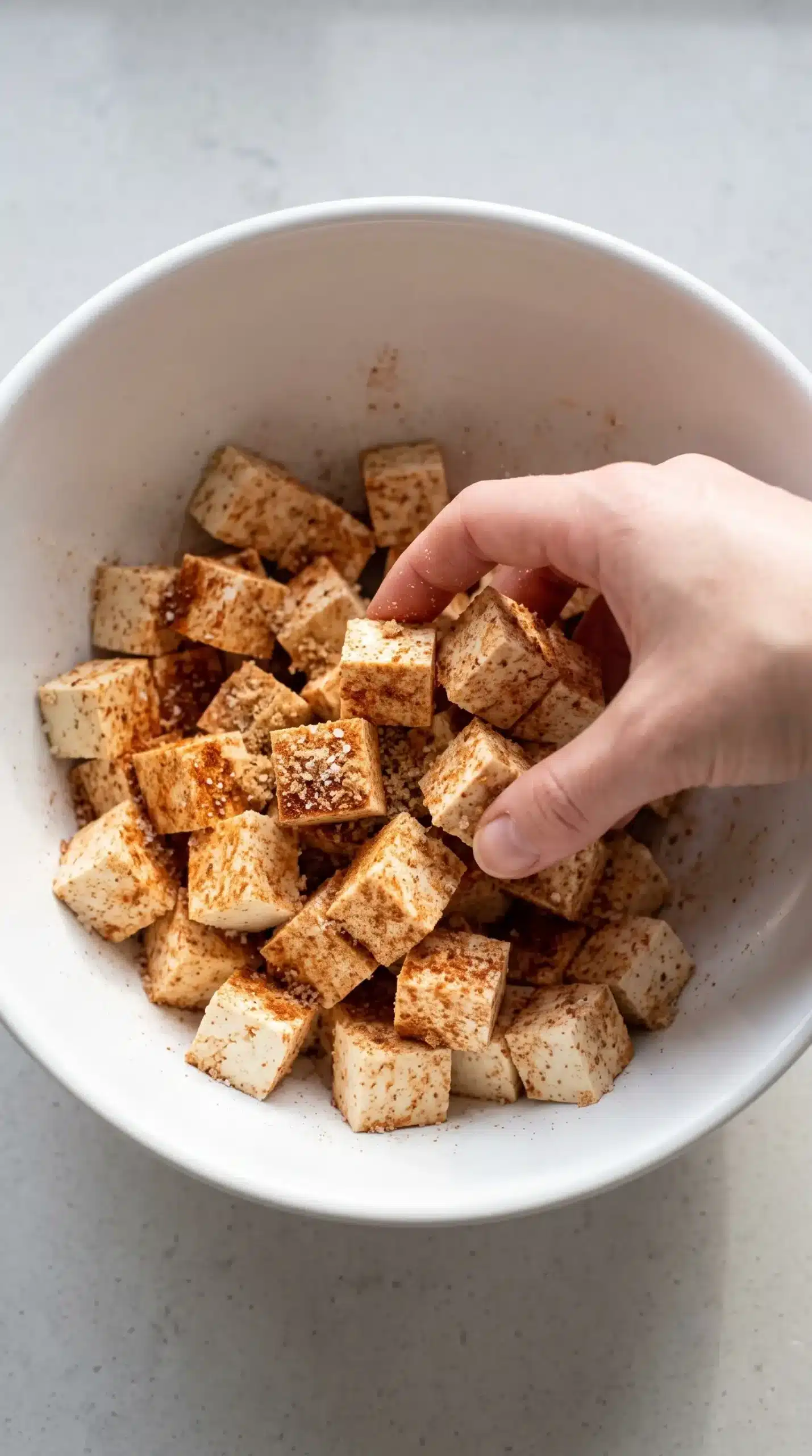 Tofu cubes coated with cornstarch and smoky spices in a bowl before baking
