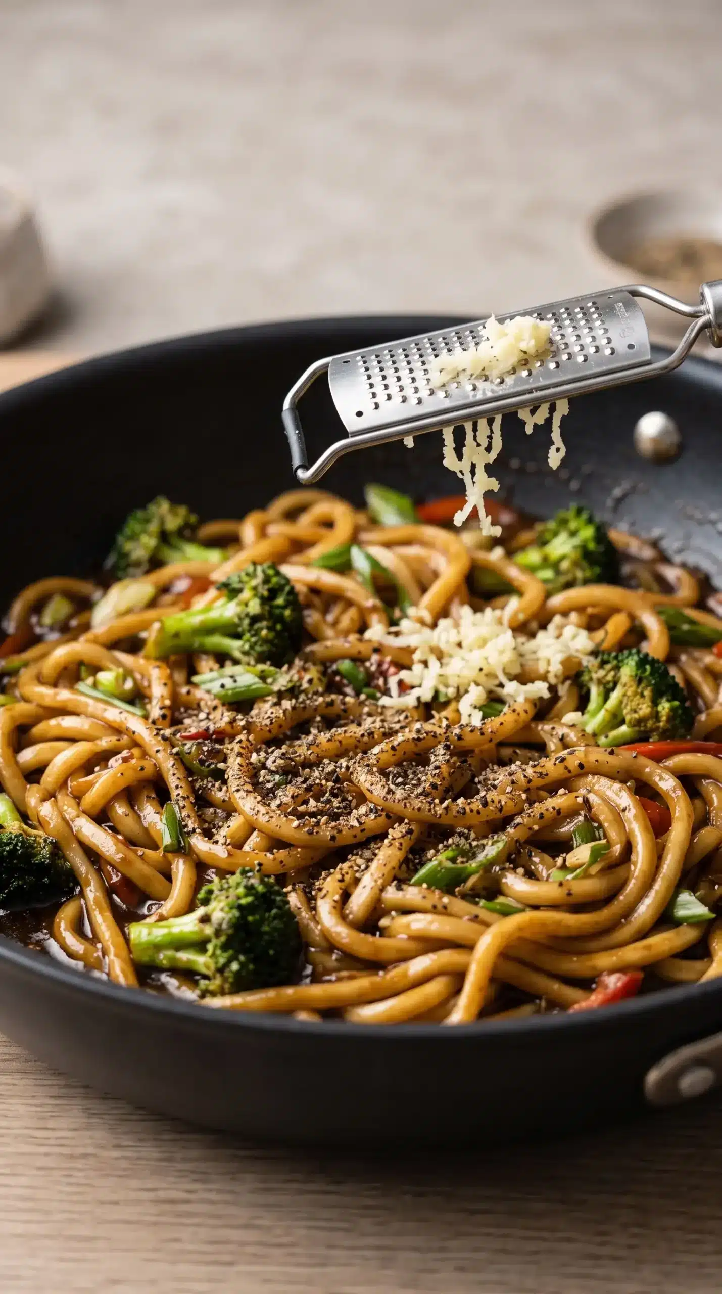 Finished udon stir fry in a skillet with garlic and freshly ground black pepper