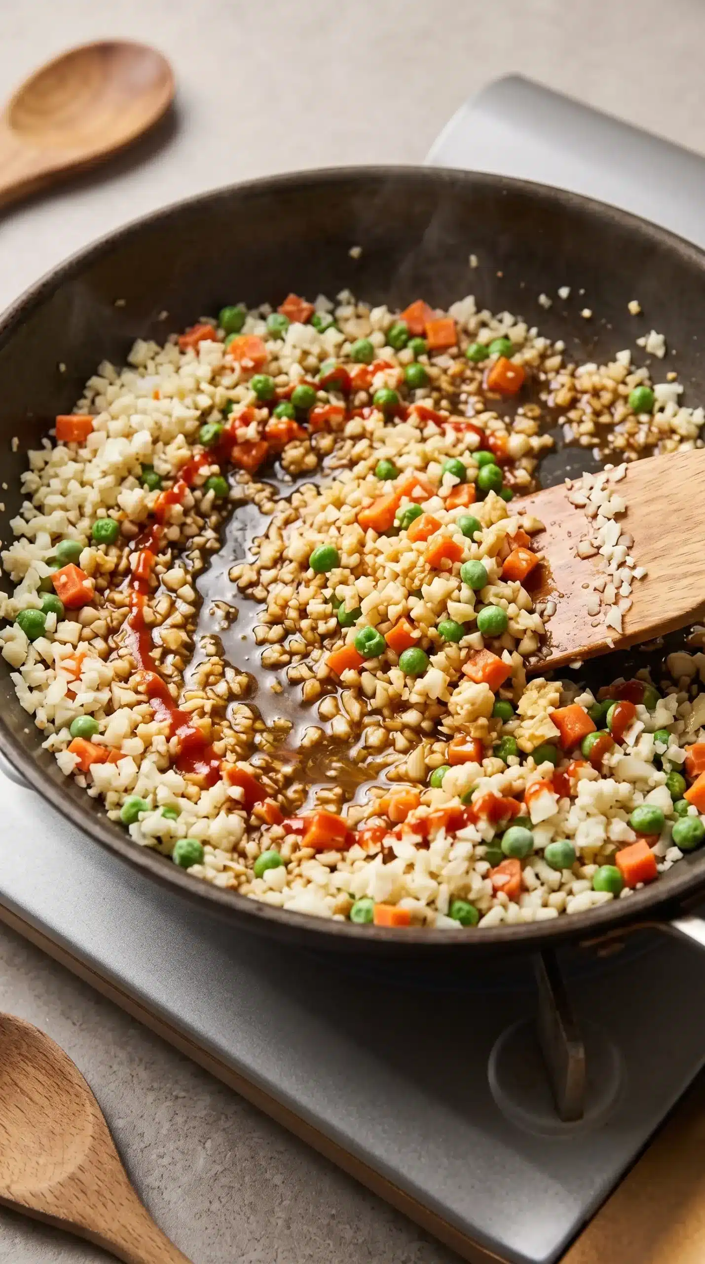 Cauliflower rice sautéing with garlic, ginger, vegetables, soy sauce, and sesame oil