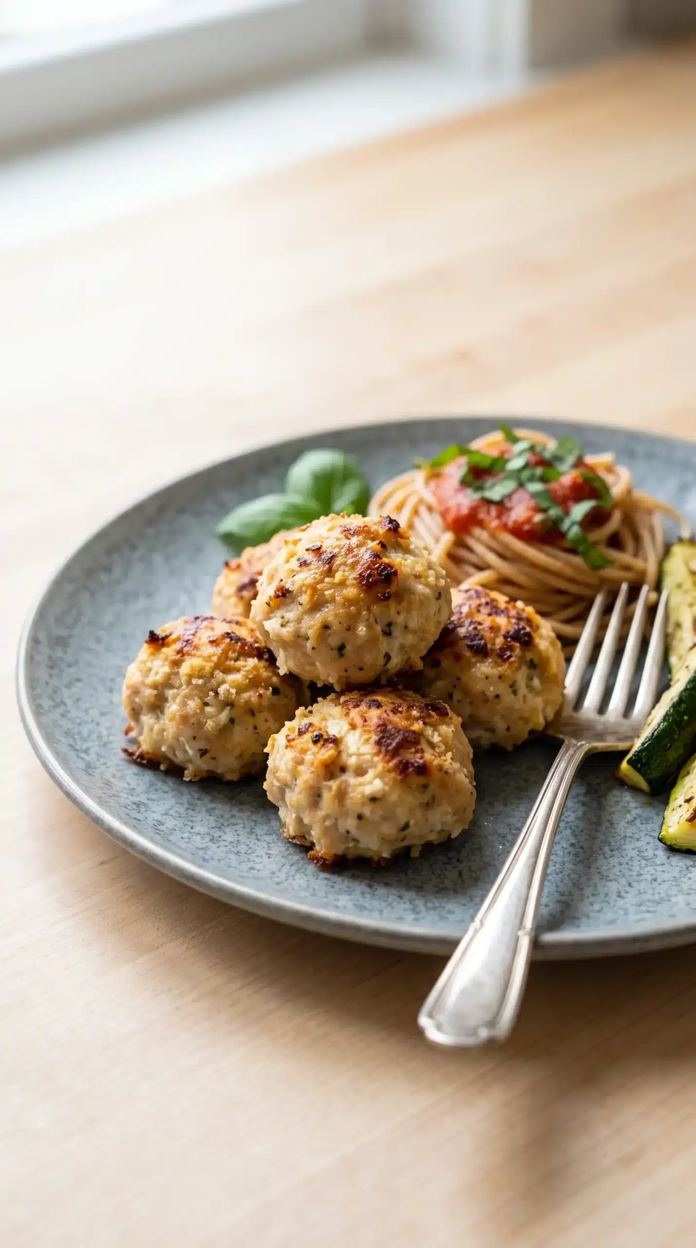 Professional food photography close-up of a single serving of baked chicken meatballs with Parmesan and panko breadcrumbs presented as a finished meal component. Show several tender golden-brown chicken meatballs on one neutral ceramic plate with a simple serving style, paired naturally with a small portion of pasta, vegetables, or grains to demonstrate the recipe's flexible serving ideas. Keep the meatballs as the primary subject with visible browned edges and a soft interior texture, minimal garnish, clean neutral surface, soft daylight, realistic home-cooked appearance, no extra plates, no duplicate servings, no steam or dramatic effects.
