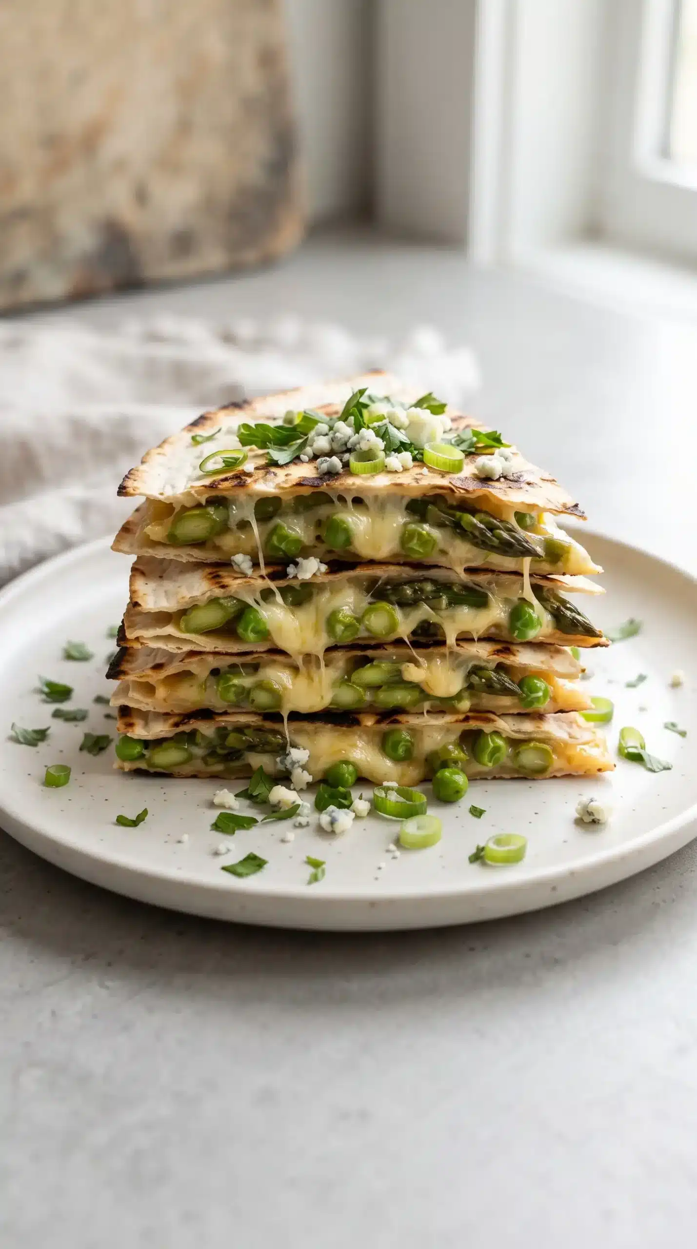 Stacked asparagus quesadilla lasagna wedges showing melted Gouda, vegetables, and tortilla layers