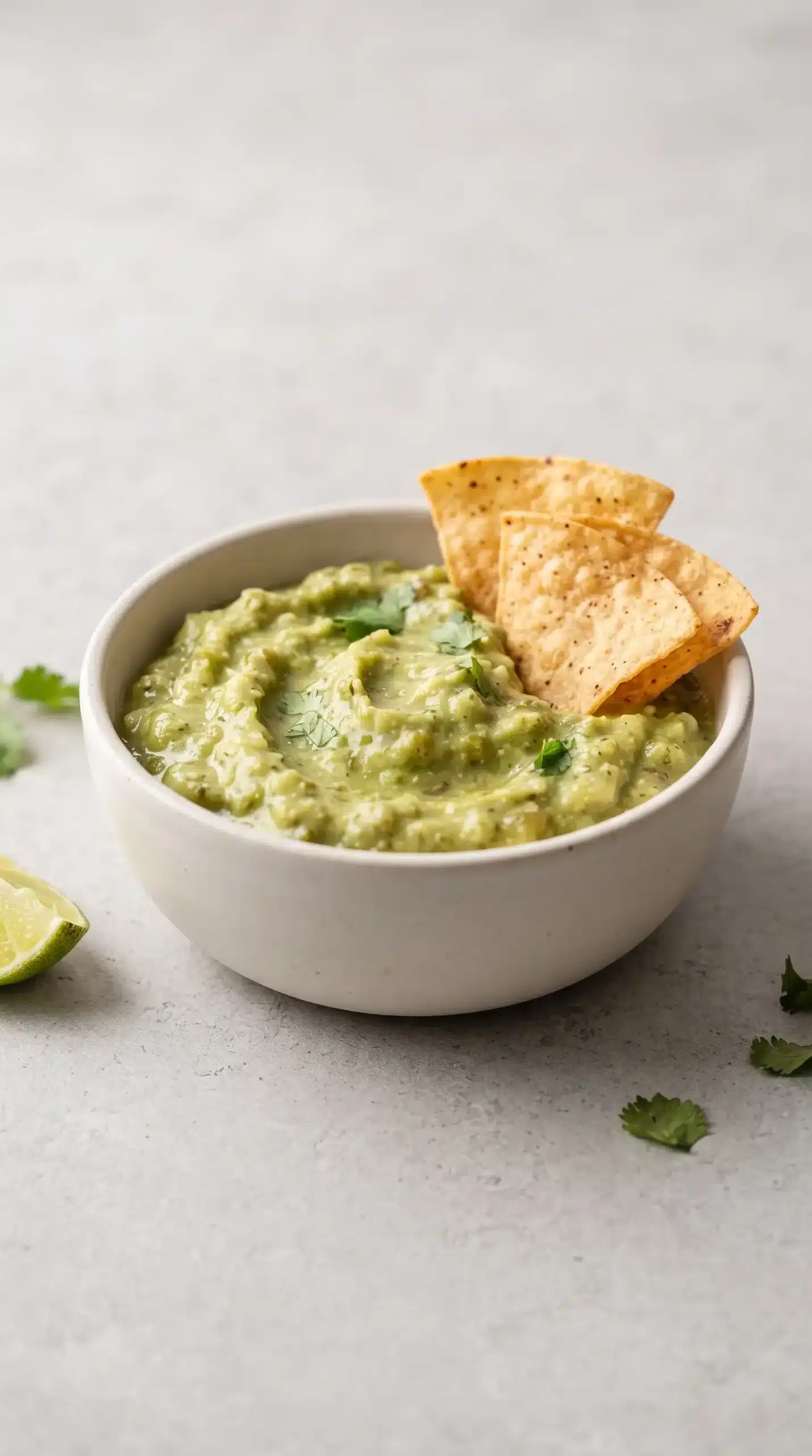 Finished avocado dip with salsa verde in a bowl with tortilla chips and fresh herbs